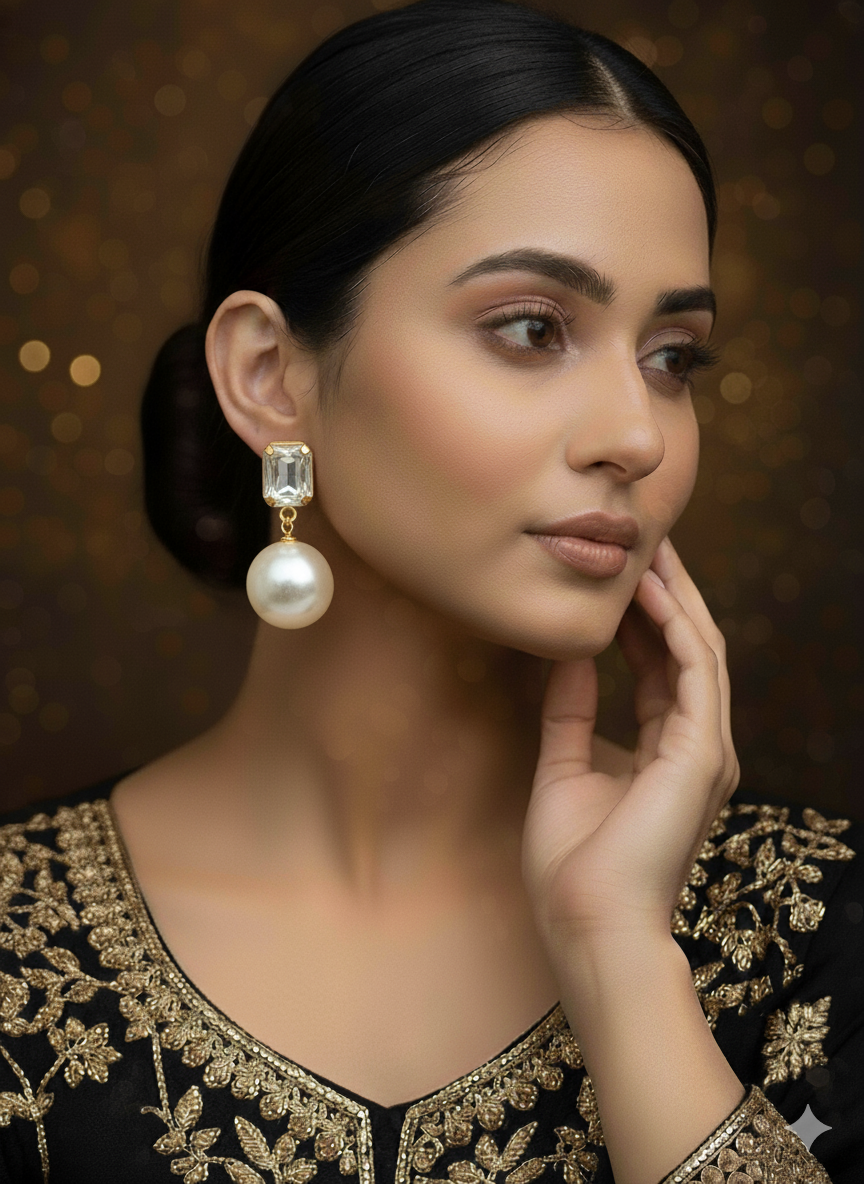 SHYAMZAN Jewellery Gold Finish Drop Earrings Pearl Crystal Women Formal Festive Luxurious Design SYZ00009