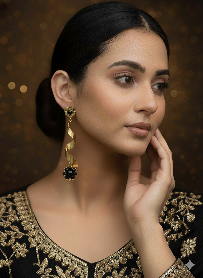 SHYAMZAN Gold Spiral Onyx Drop Earrings Gold Women Jewelry Gift Modern Design SYZ00030