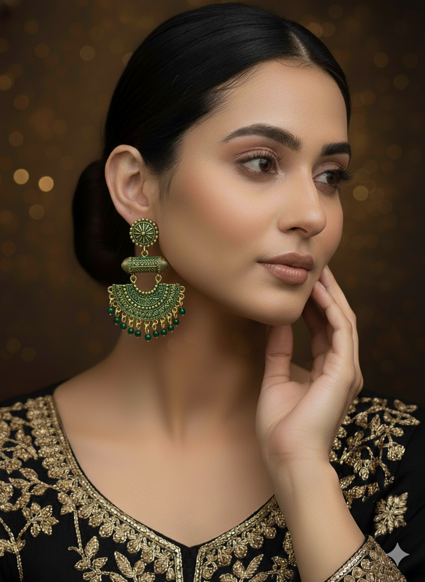 SHYAMZAN Gold Green Beaded Chandelier Earrings Gold Women Jewelry Gift Ornate Design SYZ00020