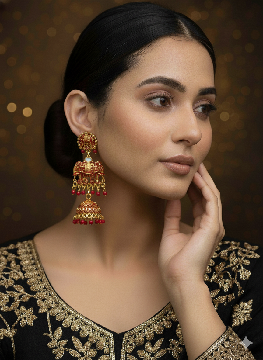 SHYAMZAN Gold Elephant Jhumka Earrings Gold Women Jewelry Gift Ornate Design SYZ00027