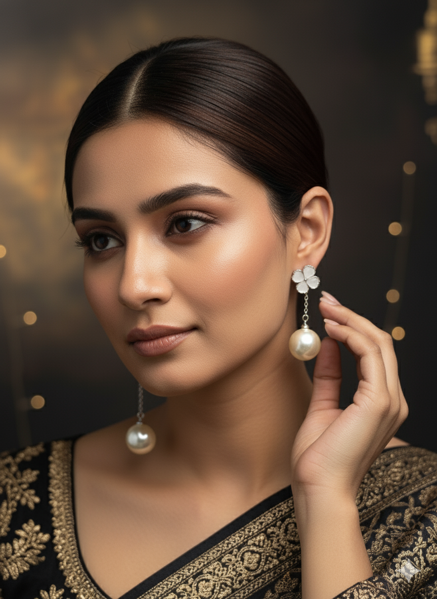 SHYAMZAN Silver Clover Pearl Drop Earrings Silver Women Jewelry Gift Minimalist Design SYZ00023