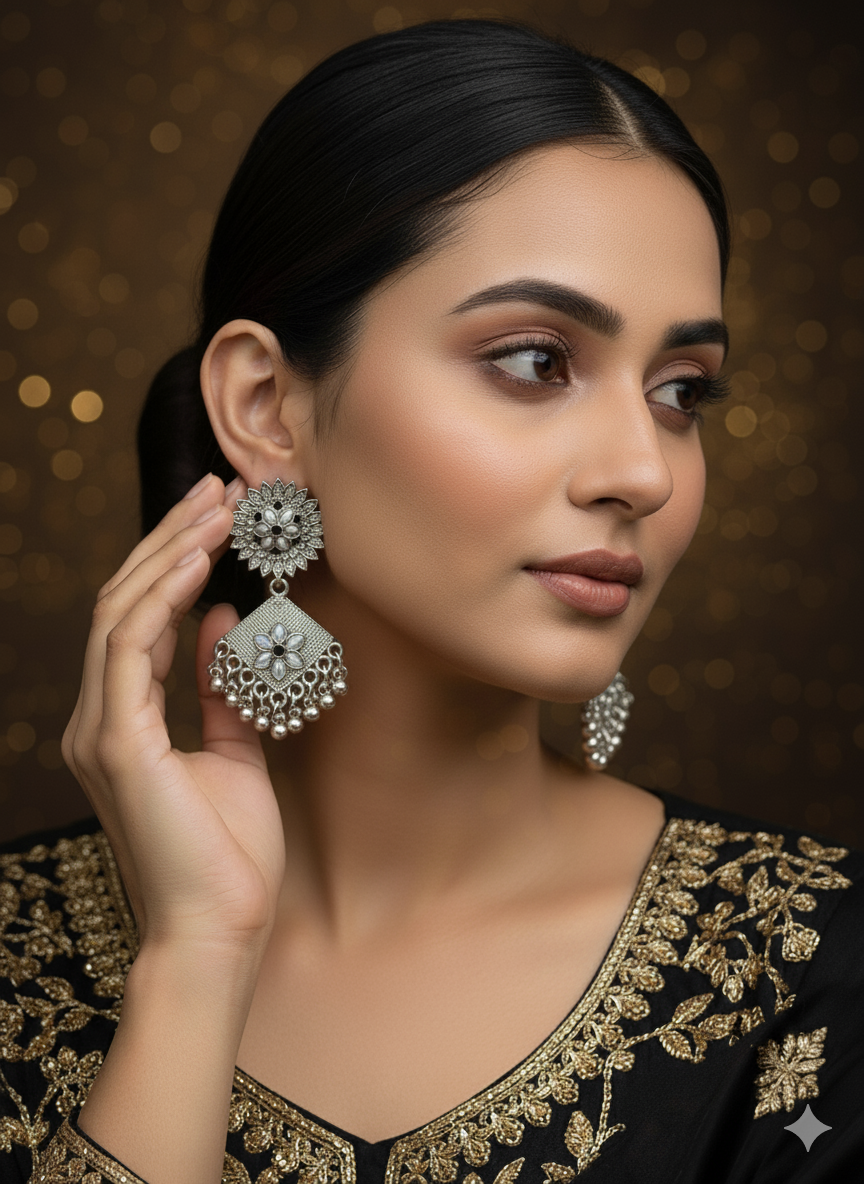 SHYAMZAN Artificial Jewellery Silver Finish Jhumka Earrings Floral Pearl Women Ethnic Festive  Design SYZ00004