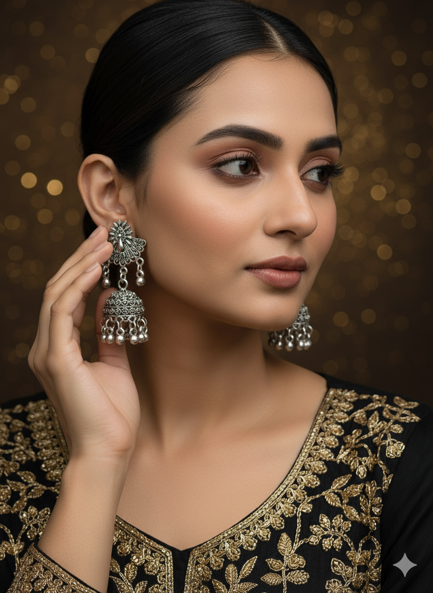 SHAMZAN Silver Peacock Jhumka Earrings with Rhinestones Gold Women Jewelry Gift Modern Design SYZ00040