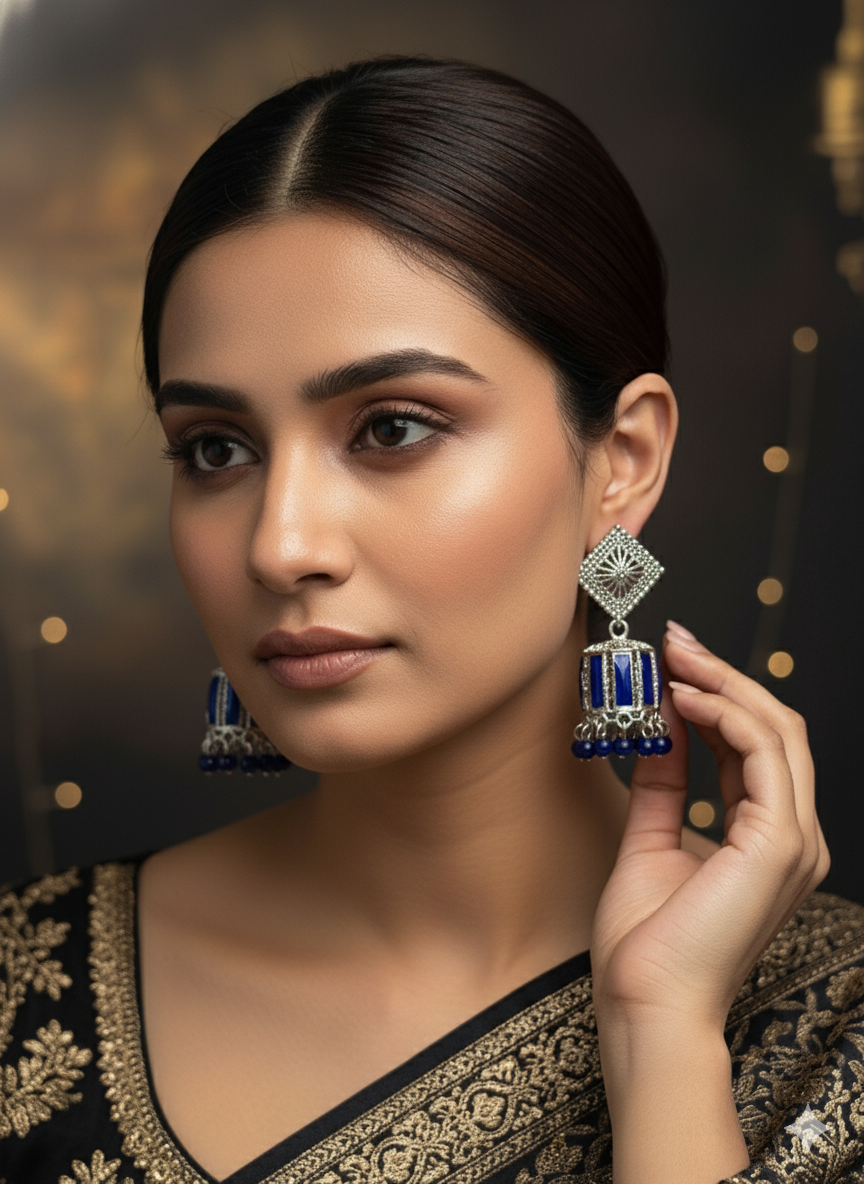 SHYAMZAN Silver Lapis Jhumka Drop Earrings with Lattice Top Gold Women Jewelry Gift Modern Design SYZ00036
