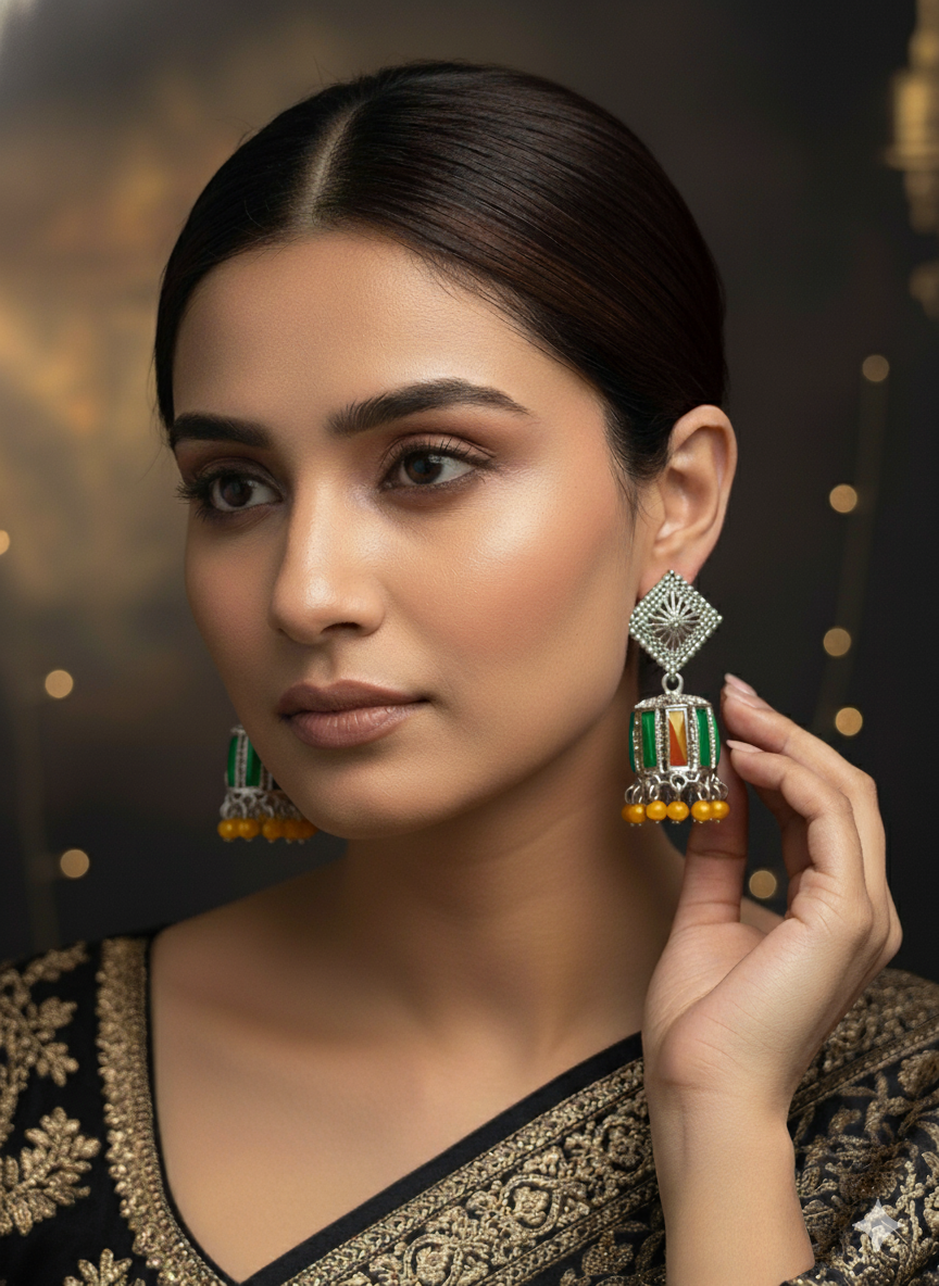 SHYAMZAN Silver Multi-Gemstone Jhumka Earrings Silver Women Jewelry Gift Ornate Design SYZ00025