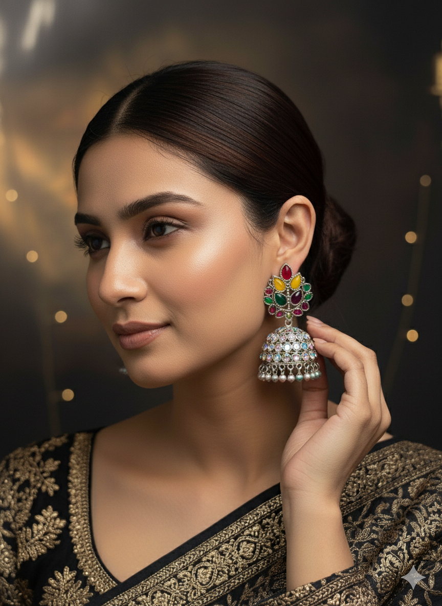 SHYAMZAN Silver Multicolor Jhumka Earrings Silver Women Jewelry Gift Traditional  Design SYZ00017