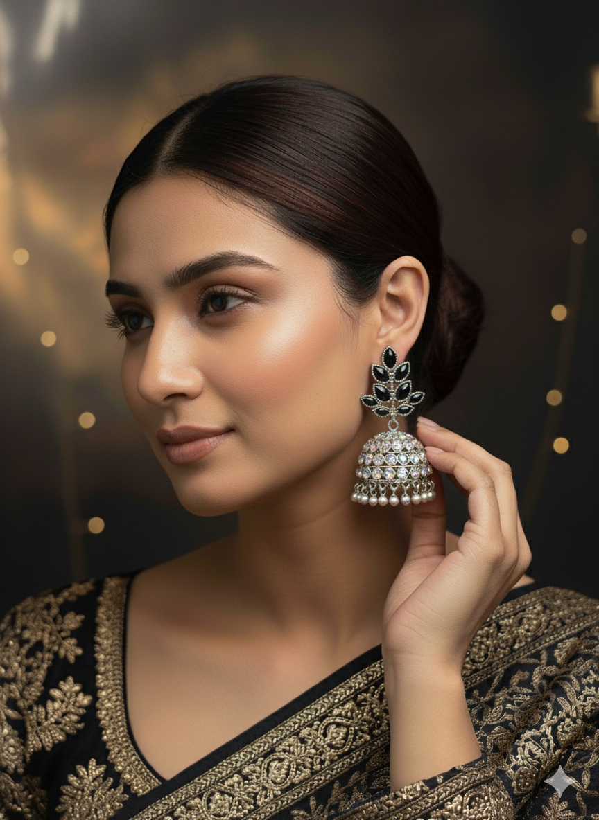 SHYAMZAN Silver Rhinestone Leaf Jhumka Earrings Gold Women Jewelry Gift Modern Design SYZ00037