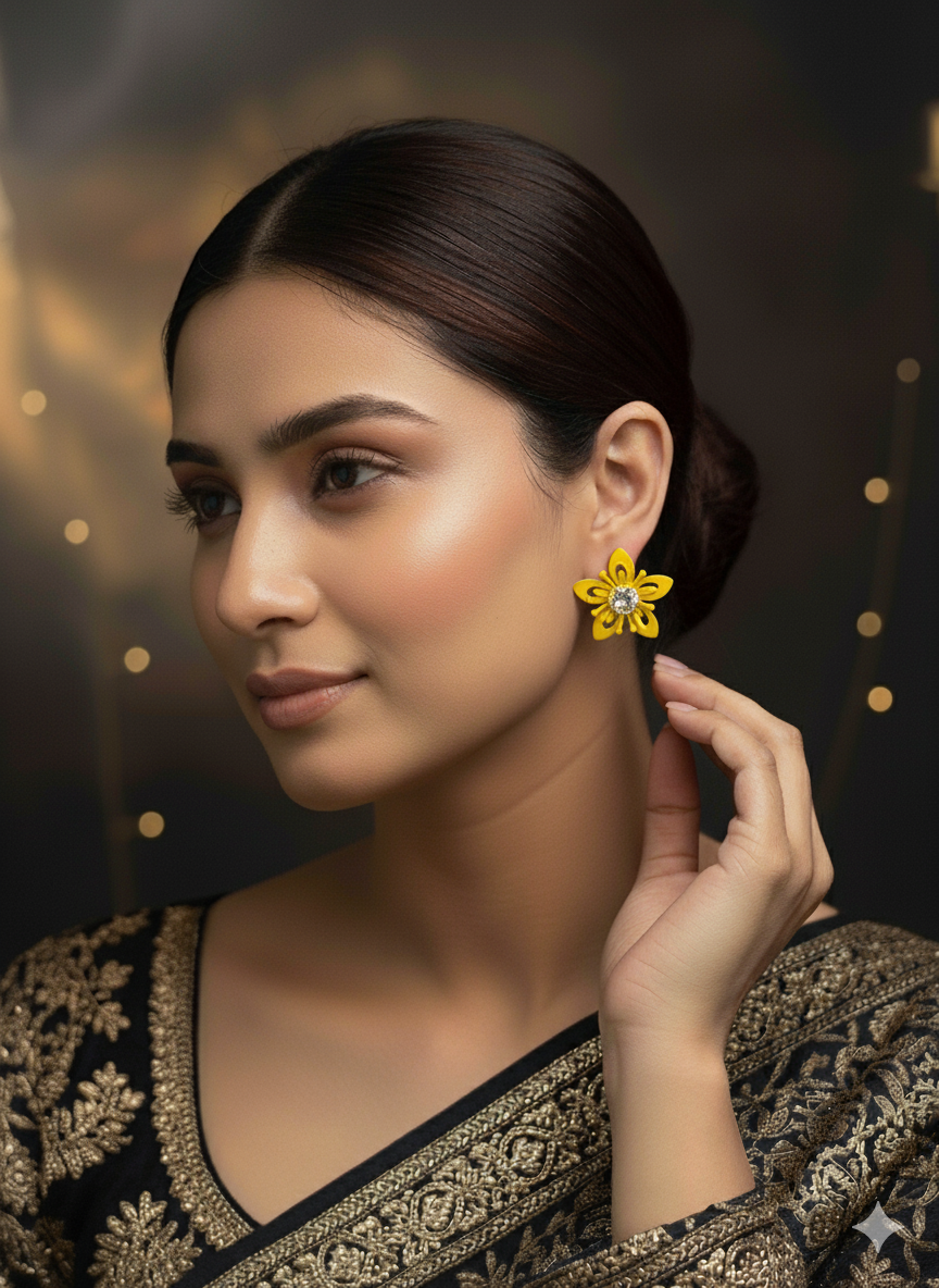 SHYAMZAN Yellow Flower Stud Earrings with Crystal Center Gold Women Jewelry Gift Modern Design SYZ00031