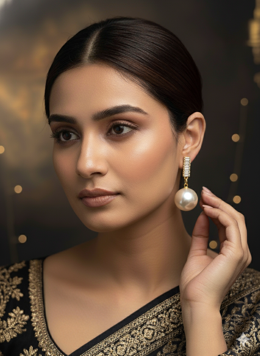 SHYAMZAN Pearl Drop Earrings with Bar Chain Gold Women Jewelry Gift Modern Design SYZ00032