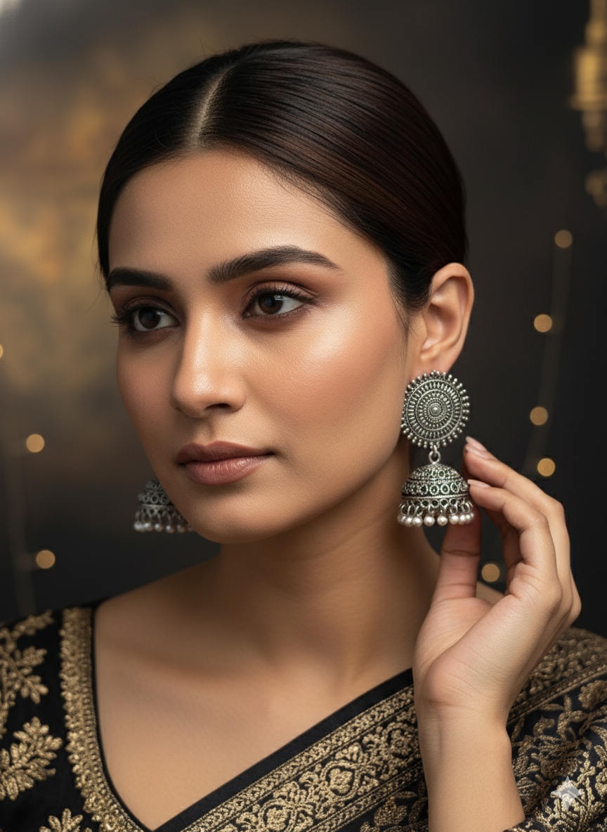 SHYAMZAN Jewellery Silver Finish Jhumka Earrings Floral Oxidised Women Ethnic Festive Intricate Design SYZ00007