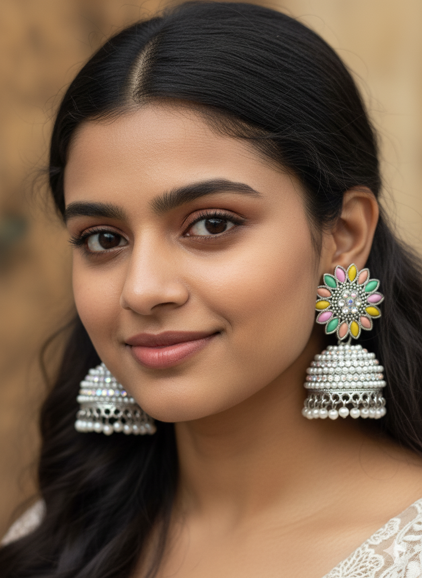 SHYAMZAN Artificial Jewellery Silver Finish Jhumka Earrings Multicolor Floral Women Ethnic Festive Sparkling Design SYZ0005