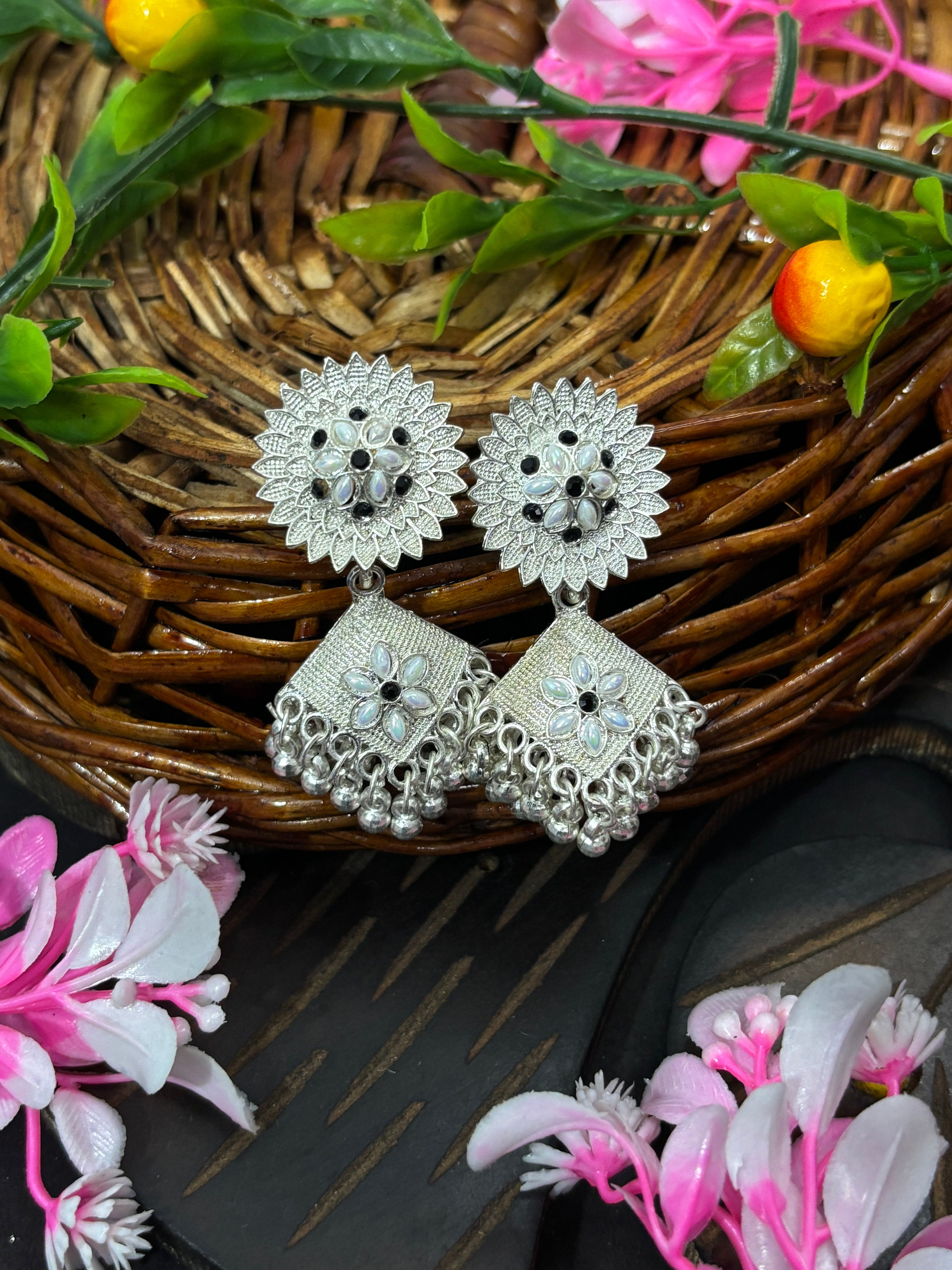 SHYAMZAN Artificial Jewellery Silver Finish Jhumka Earrings Floral Pearl Women Ethnic Festive  Design SYZ00004