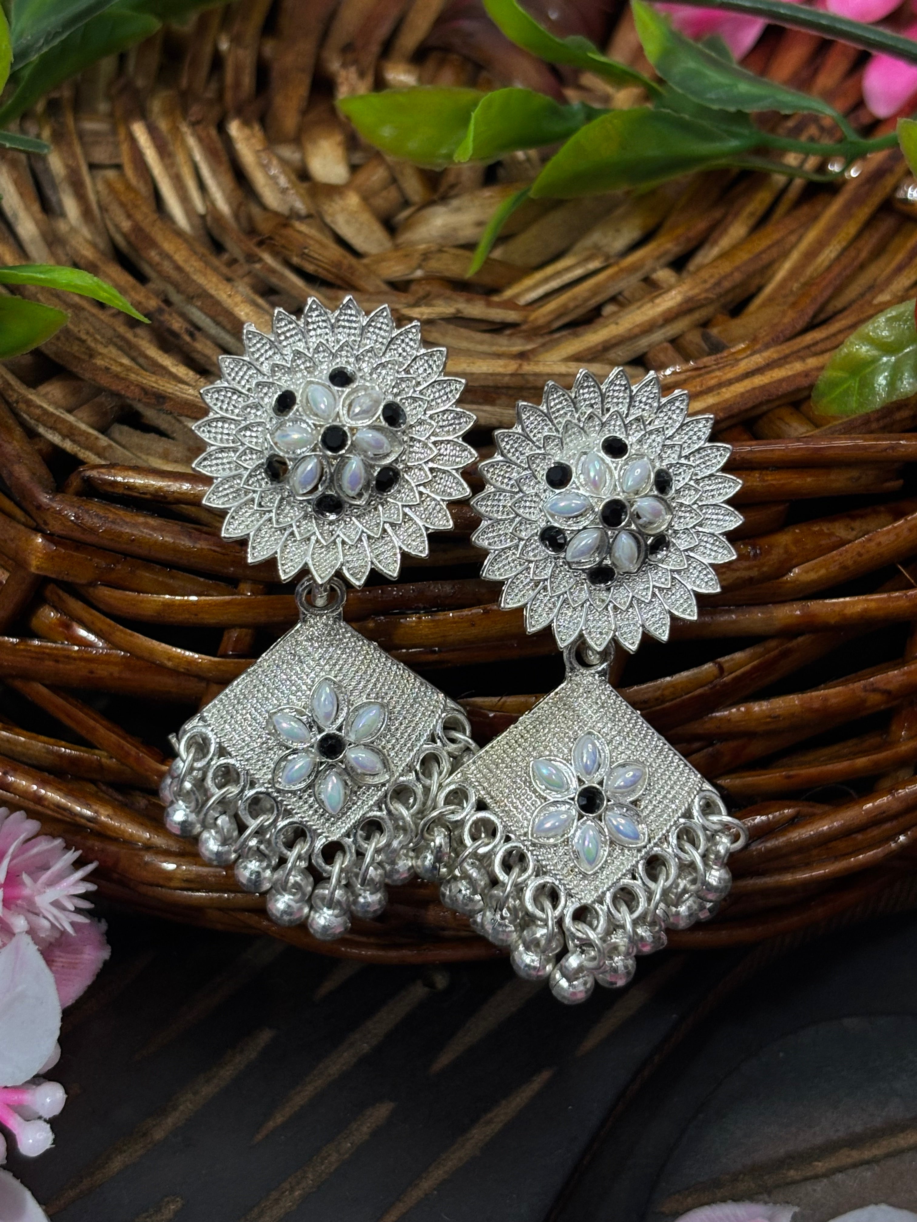 SHYAMZAN Artificial Jewellery Silver Finish Jhumka Earrings Floral Pearl Women Ethnic Festive  Design SYZ00004