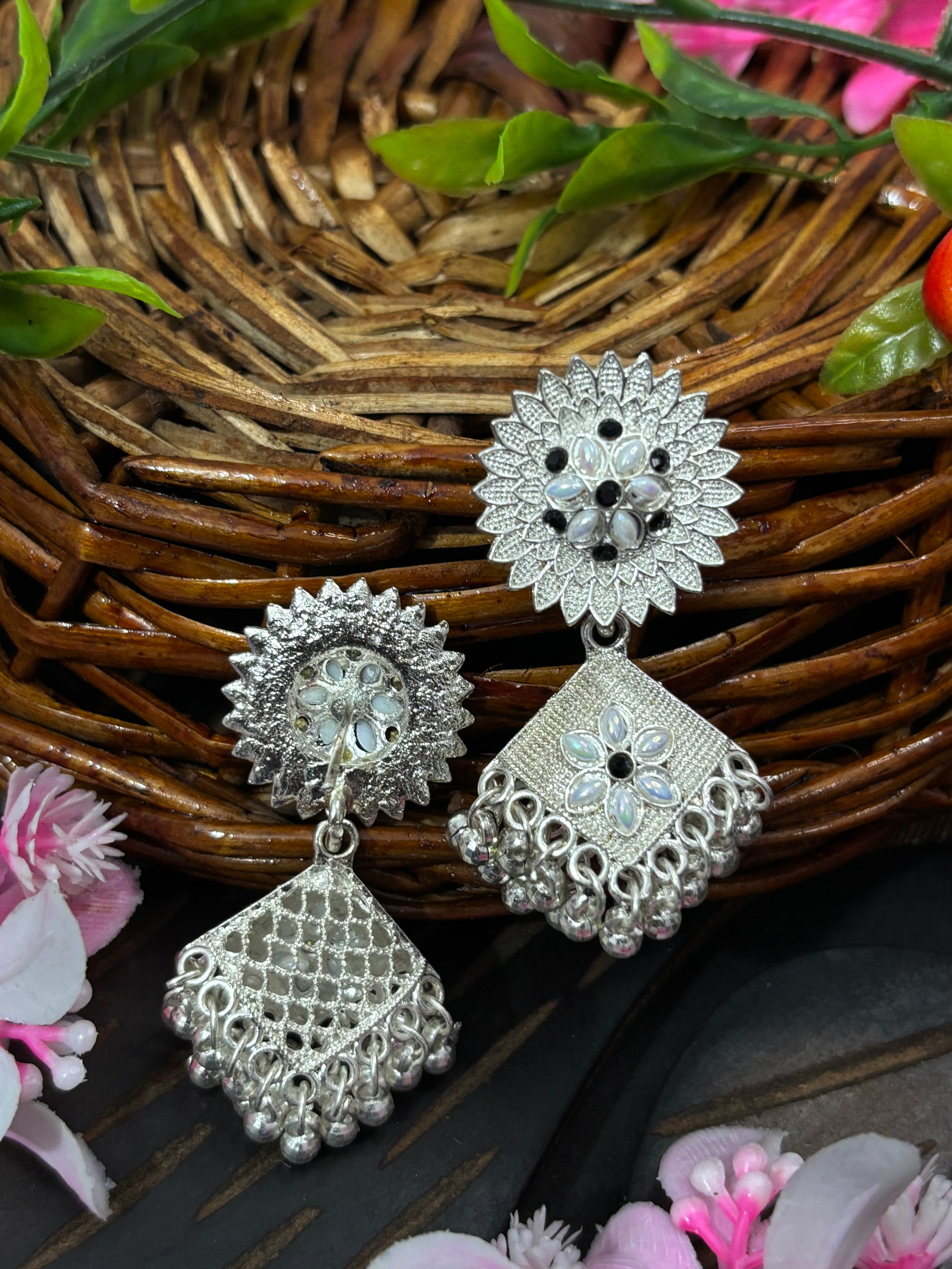 SHYAMZAN Artificial Jewellery Silver Finish Jhumka Earrings Floral Pearl Women Ethnic Festive  Design SYZ00004