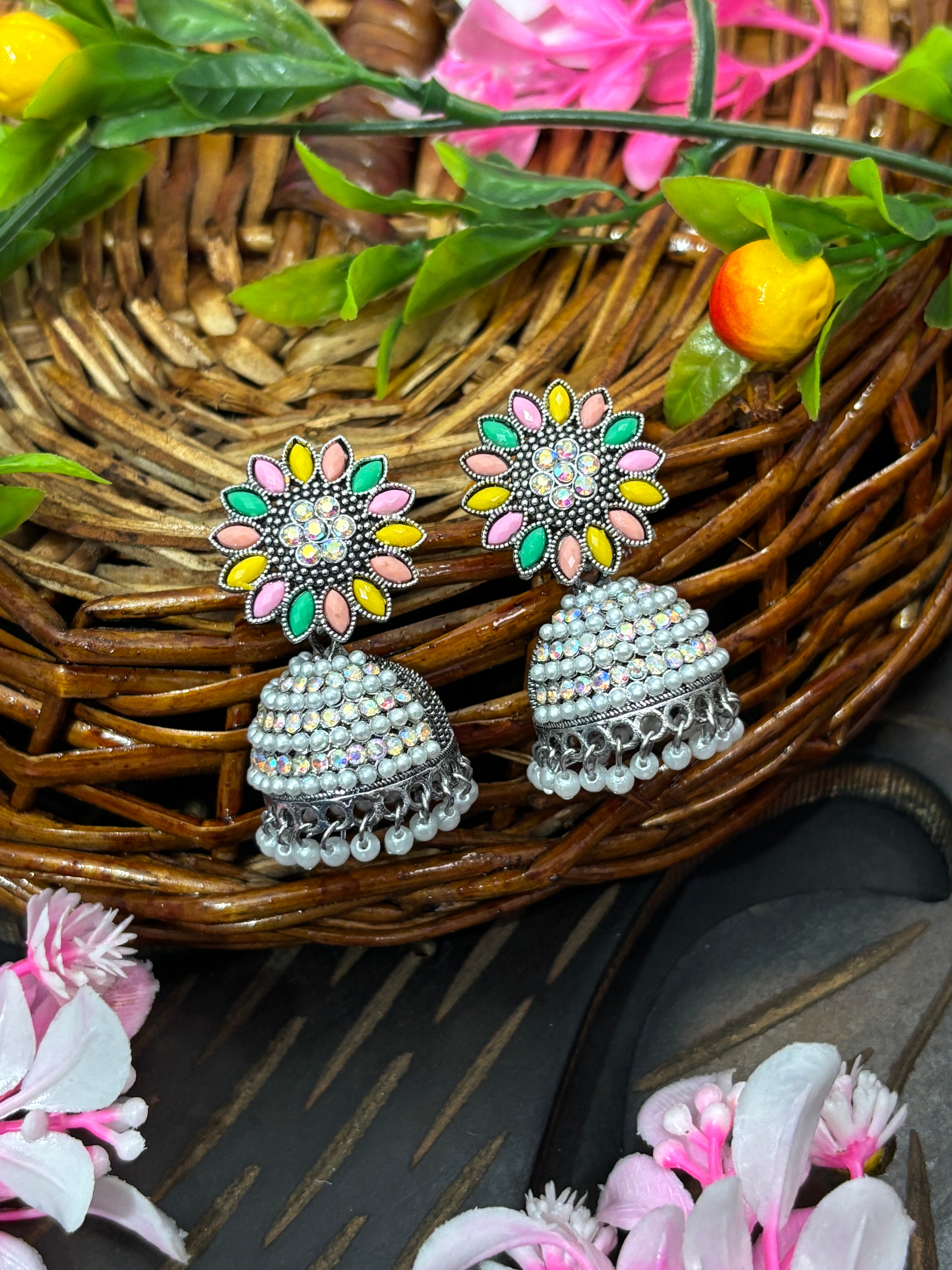 SHYAMZAN Artificial Jewellery Silver Finish Jhumka Earrings Multicolor Floral Women Ethnic Festive Sparkling Design SYZ0005