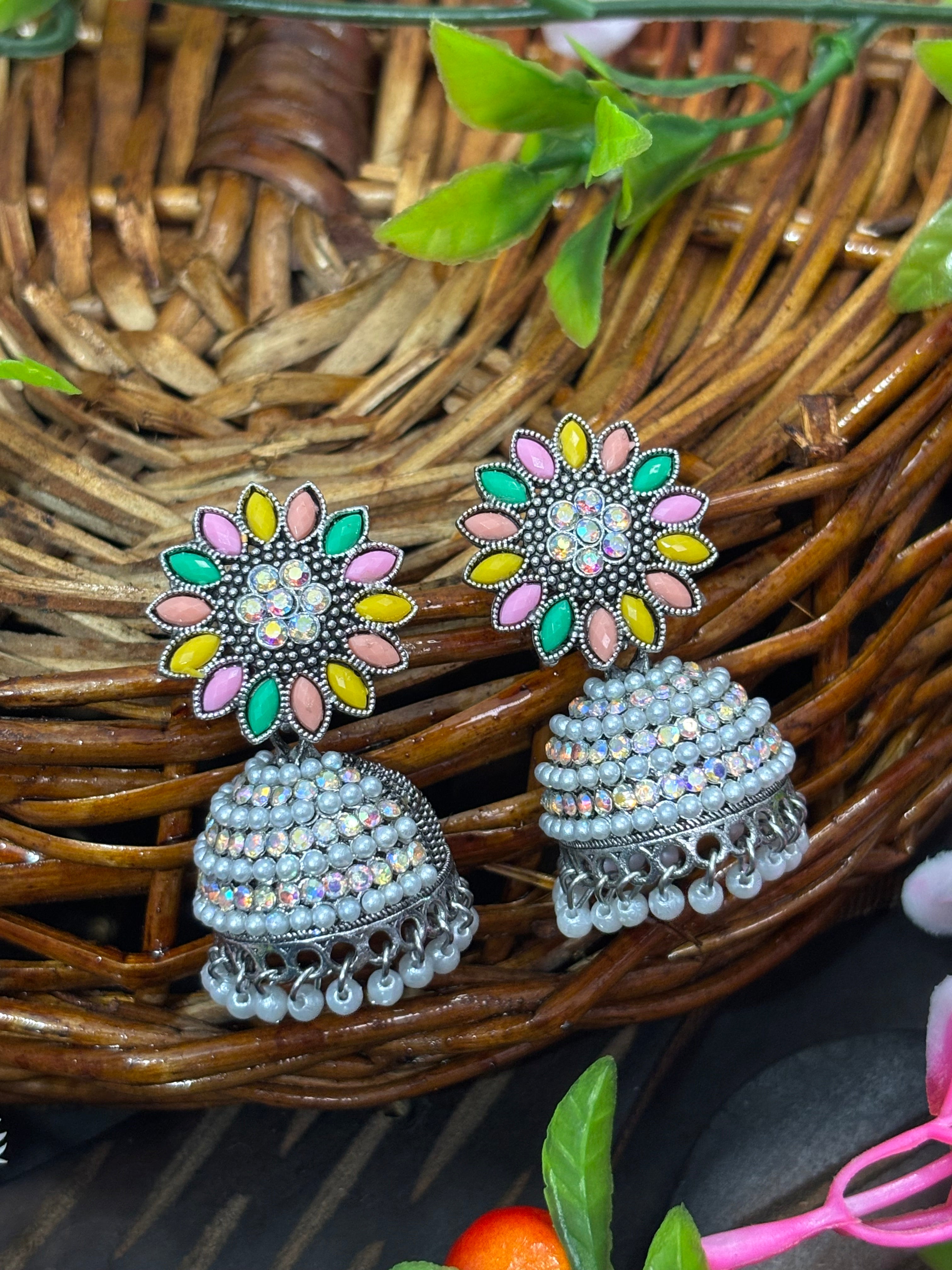 SHYAMZAN Artificial Jewellery Silver Finish Jhumka Earrings Multicolor Floral Women Ethnic Festive Sparkling Design SYZ0005