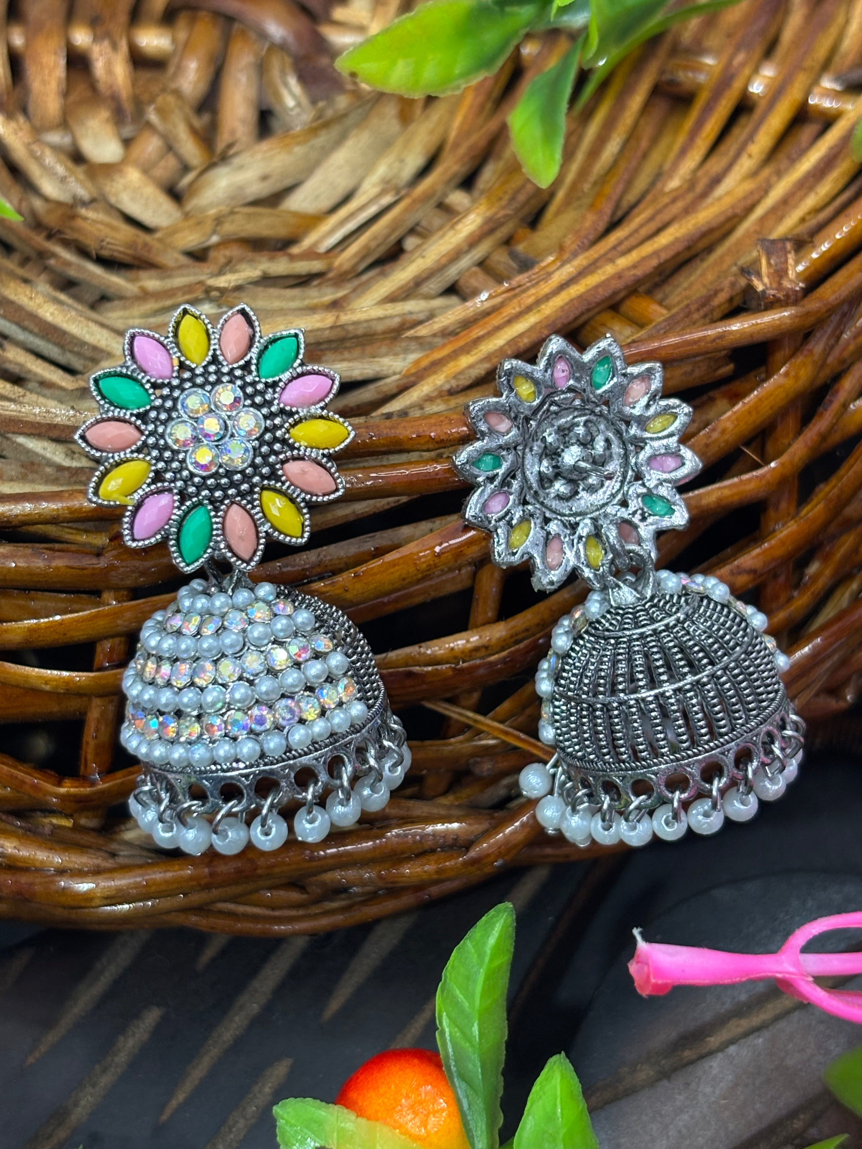 SHYAMZAN Artificial Jewellery Silver Finish Jhumka Earrings Multicolor Floral Women Ethnic Festive Sparkling Design SYZ0005