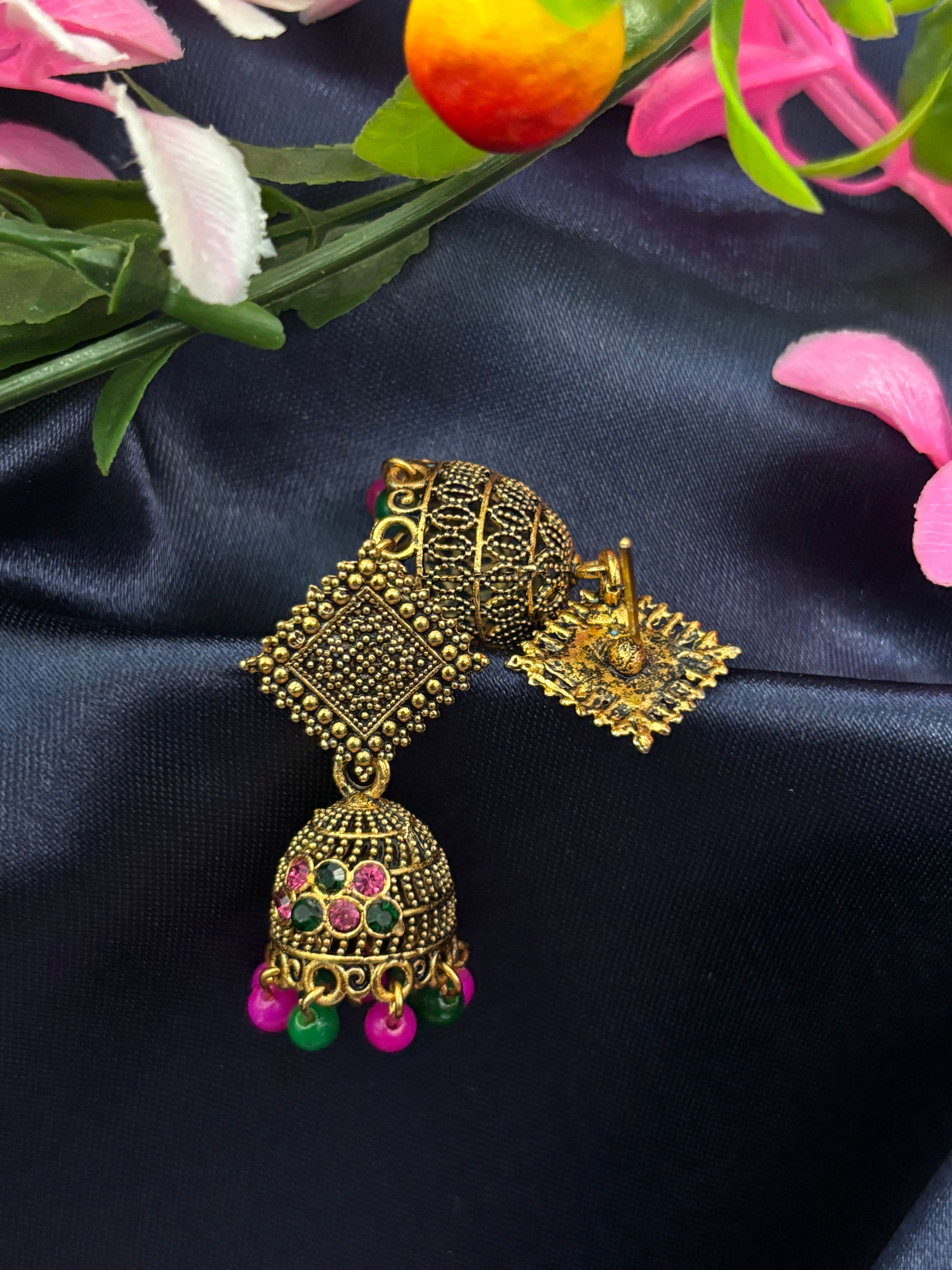 SHYAMZAN Jewellery Gold Finish Jhumka Earrings Multicolor Dome Women Ethnic Festive Beaded Design SYZ00006