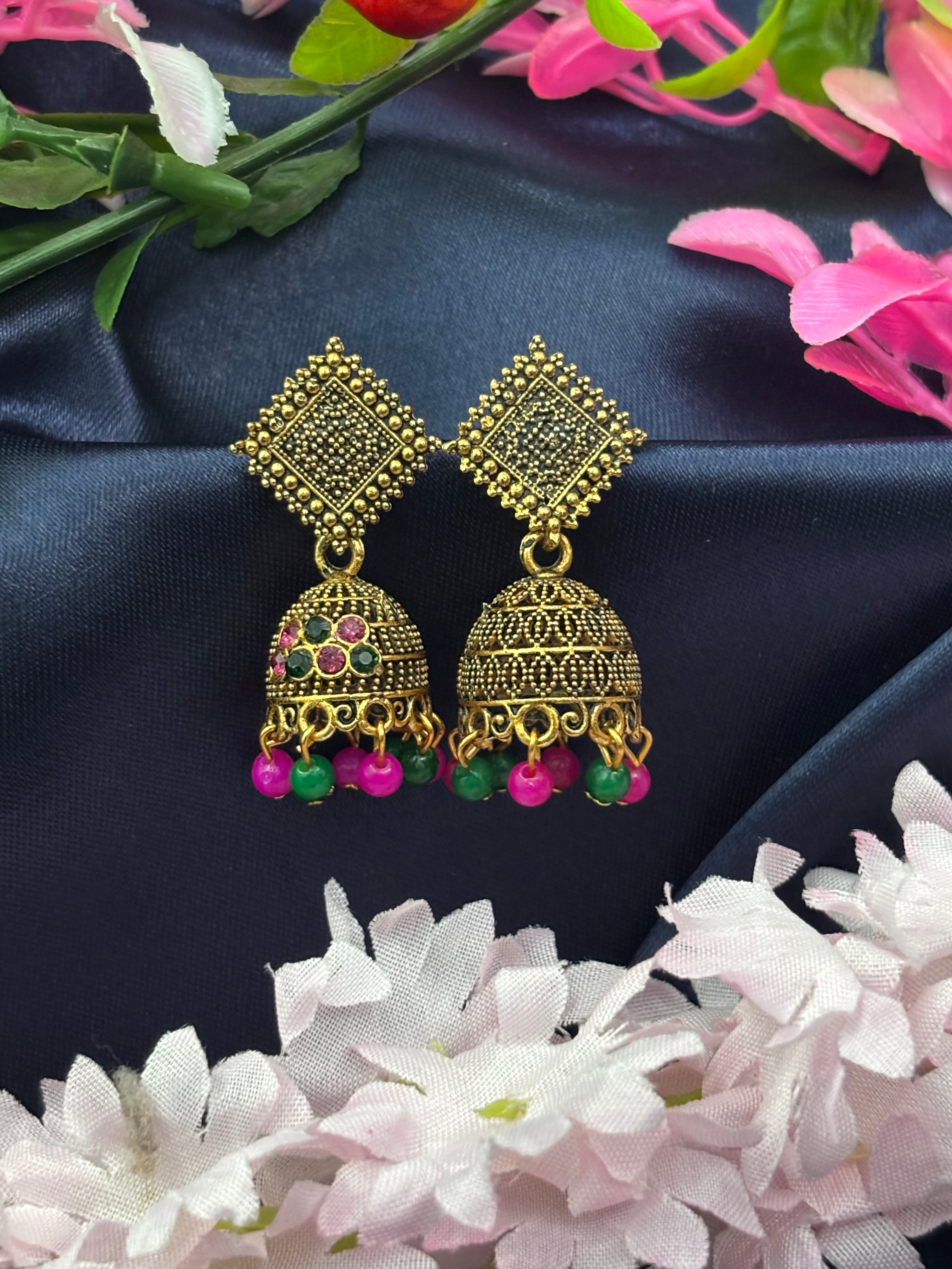 SHYAMZAN Jewellery Gold Finish Jhumka Earrings Multicolor Dome Women Ethnic Festive Beaded Design SYZ00006
