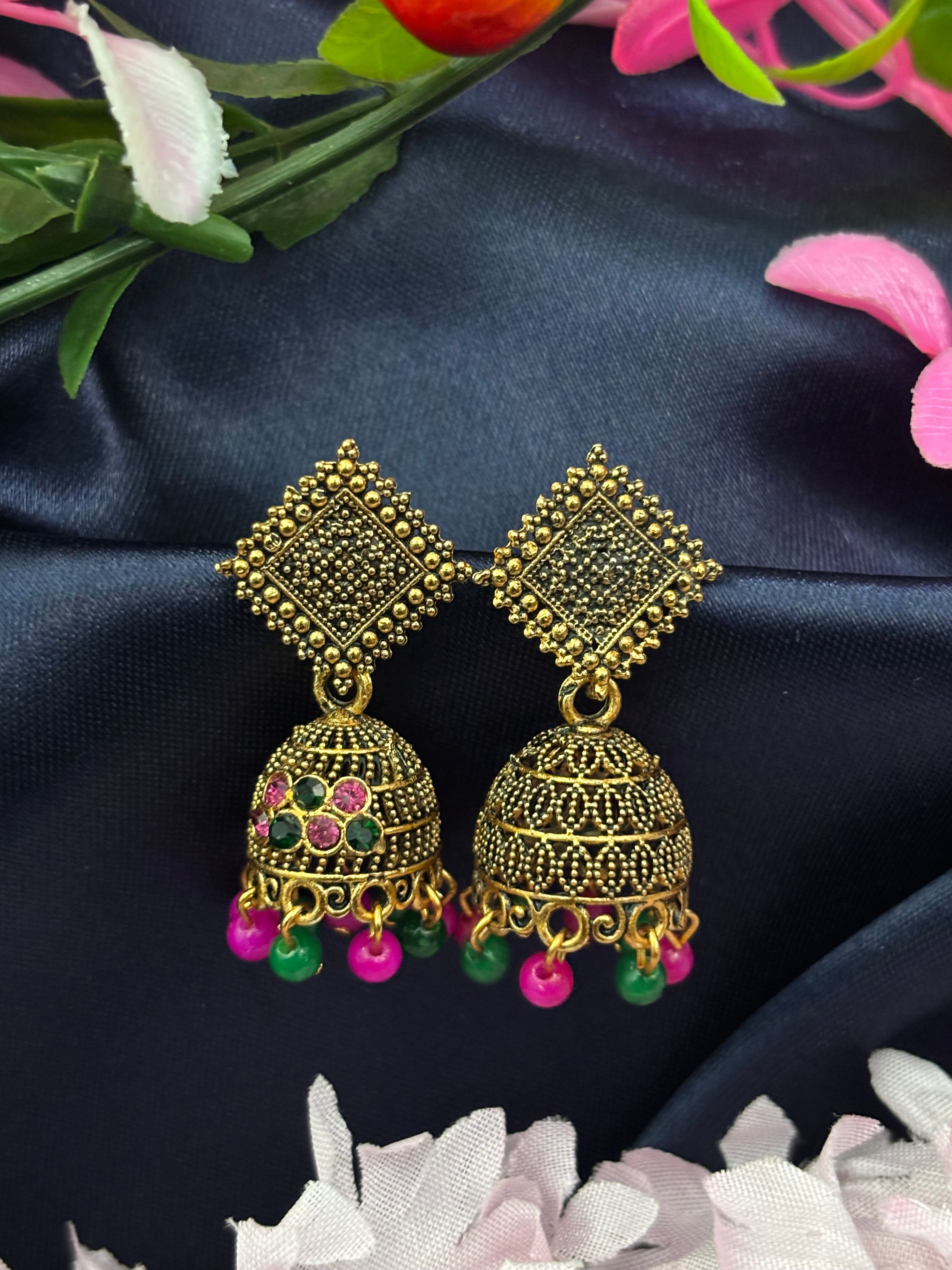 SHYAMZAN Jewellery Gold Finish Jhumka Earrings Multicolor Dome Women Ethnic Festive Beaded Design SYZ00006