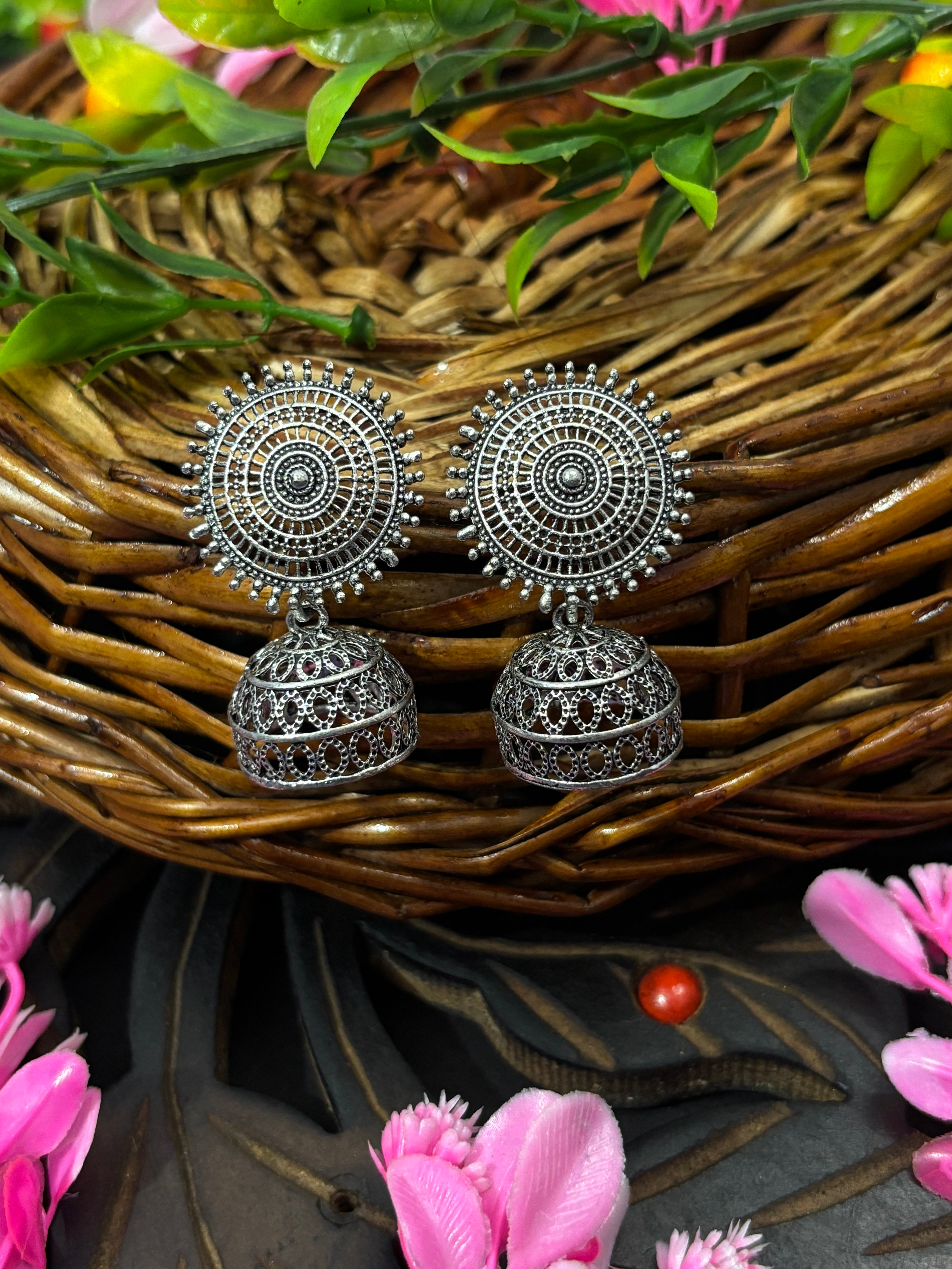 SHYAMZAN Jewellery Silver Finish Jhumka Earrings Floral Oxidised Women Ethnic Festive Intricate Design SYZ00007