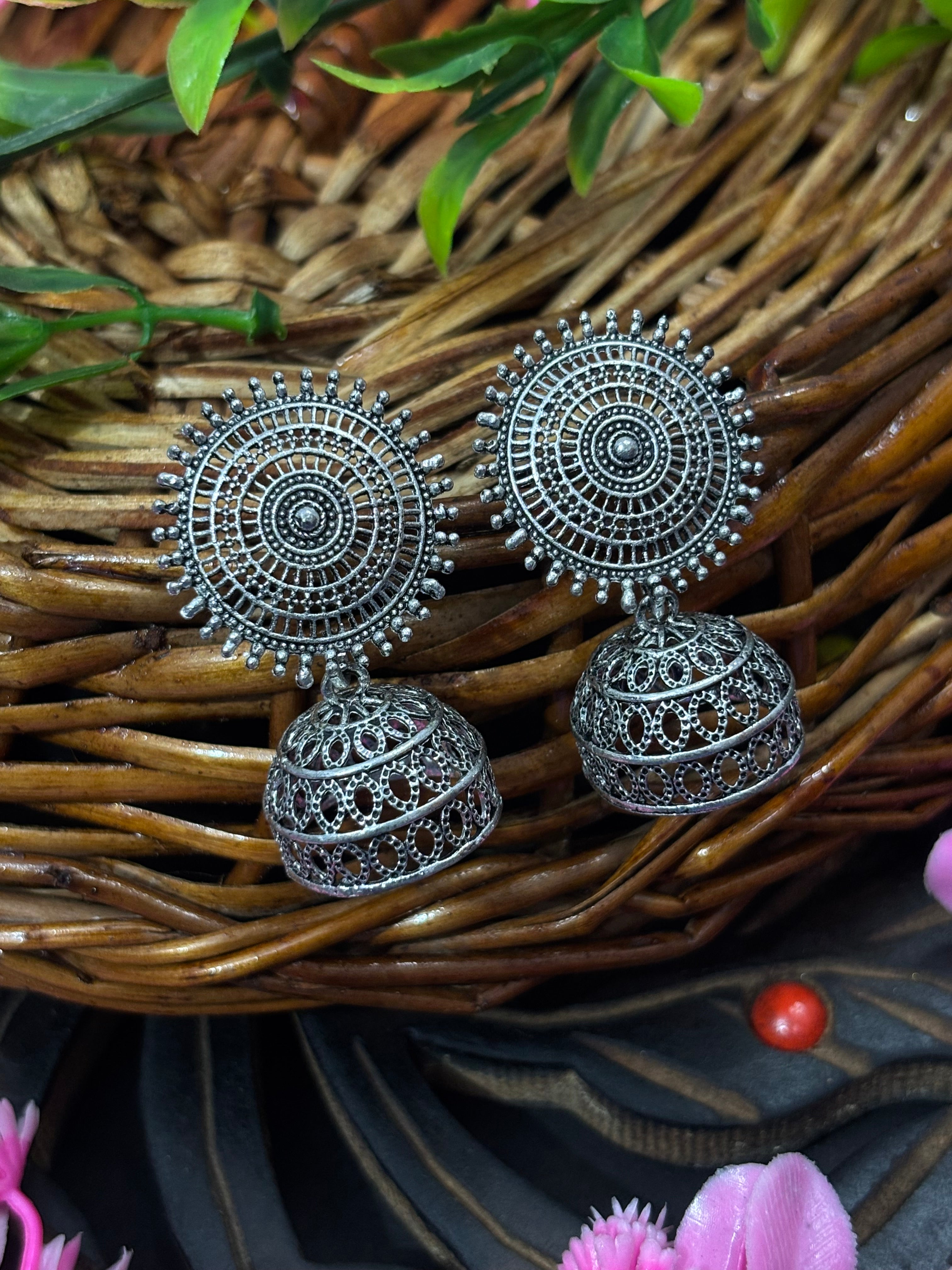 SHYAMZAN Jewellery Silver Finish Jhumka Earrings Floral Oxidised Women Ethnic Festive Intricate Design SYZ00007
