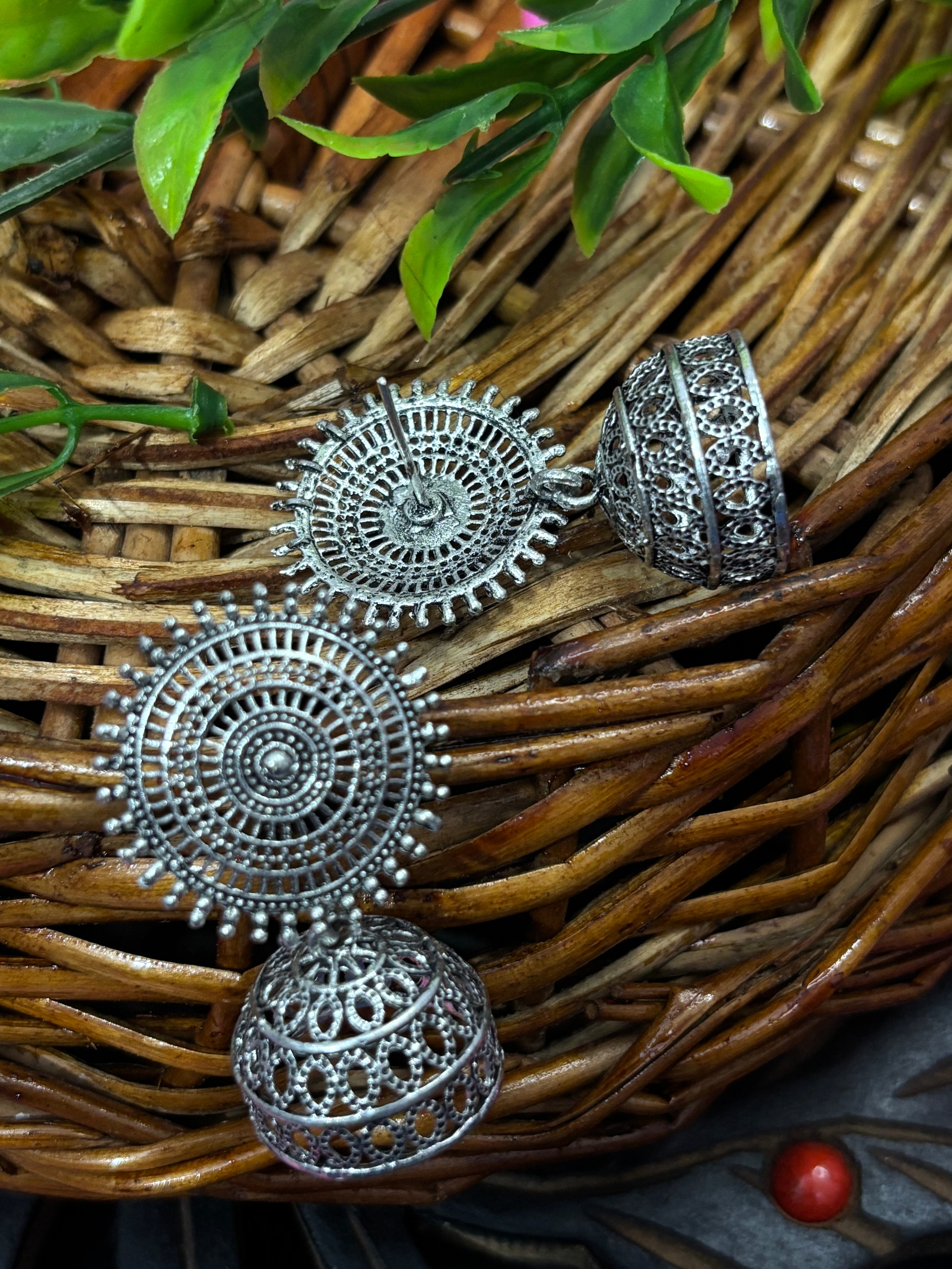 SHYAMZAN Jewellery Silver Finish Jhumka Earrings Floral Oxidised Women Ethnic Festive Intricate Design SYZ00007
