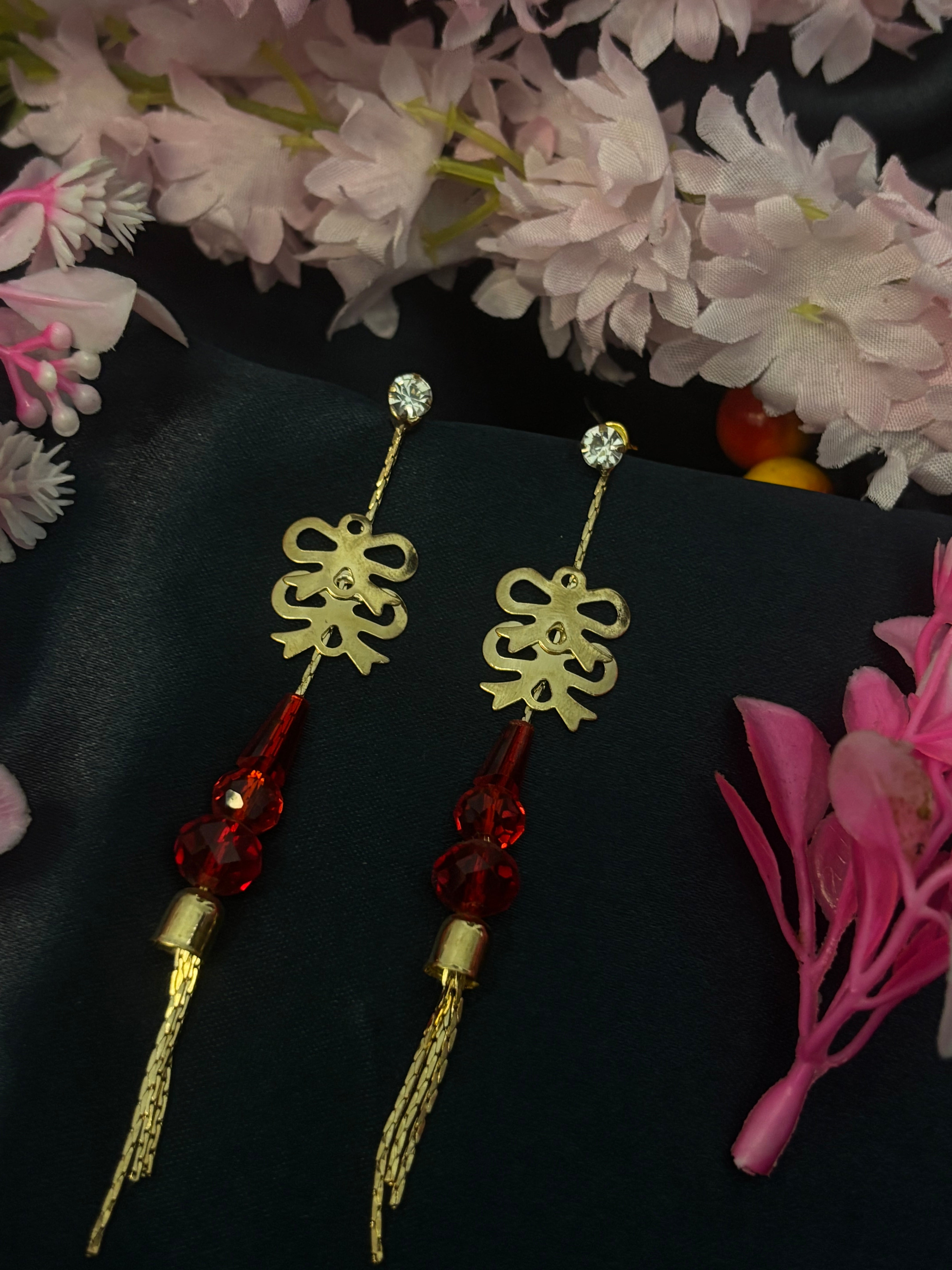 SHYAMZAN Jewellery Gold Finish Dangle Earrings Red Crystal Women Party Festive Statement Tassel Design SYZ00010