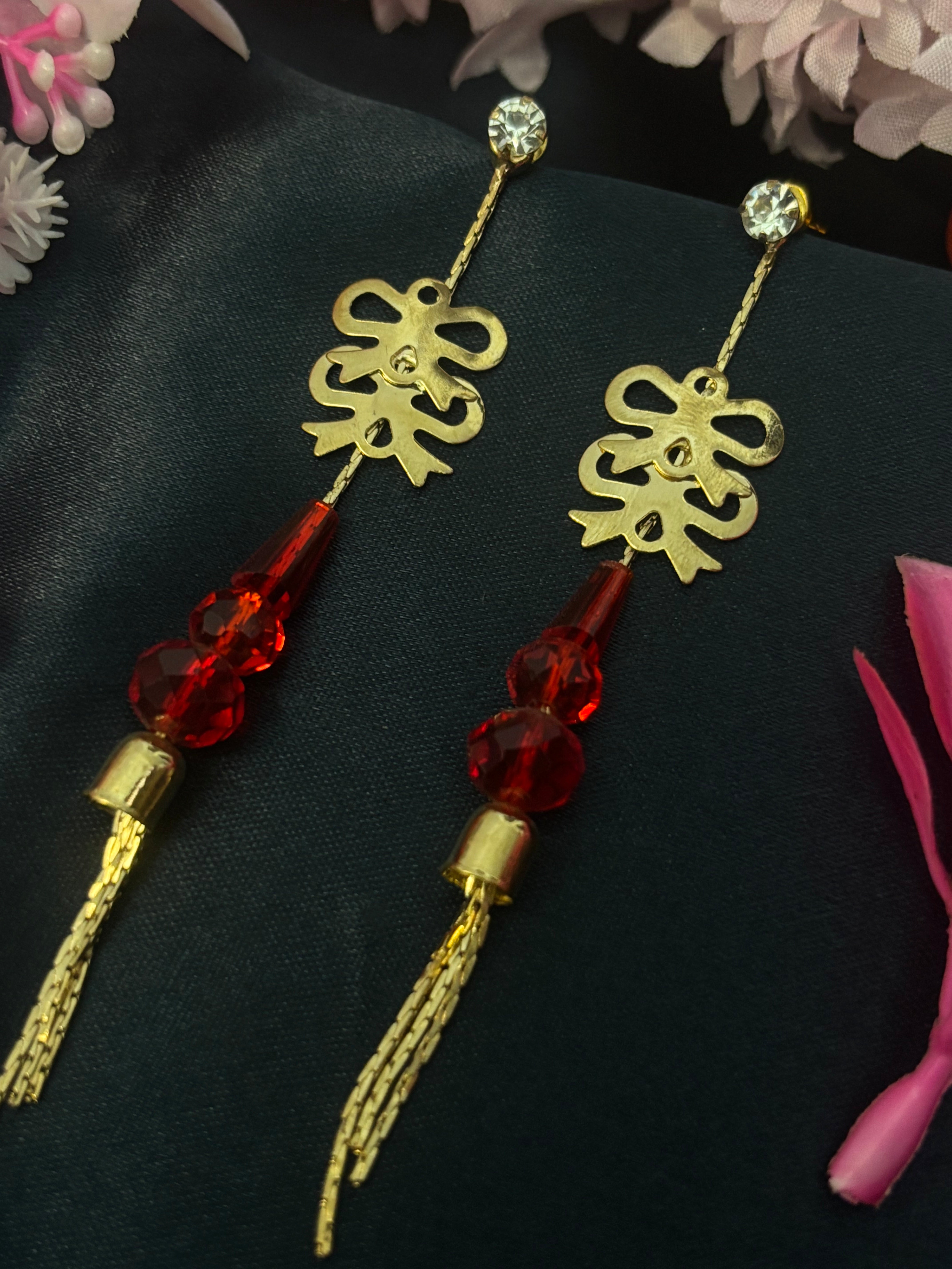 SHYAMZAN Jewellery Gold Finish Dangle Earrings Red Crystal Women Party Festive Statement Tassel Design SYZ00010