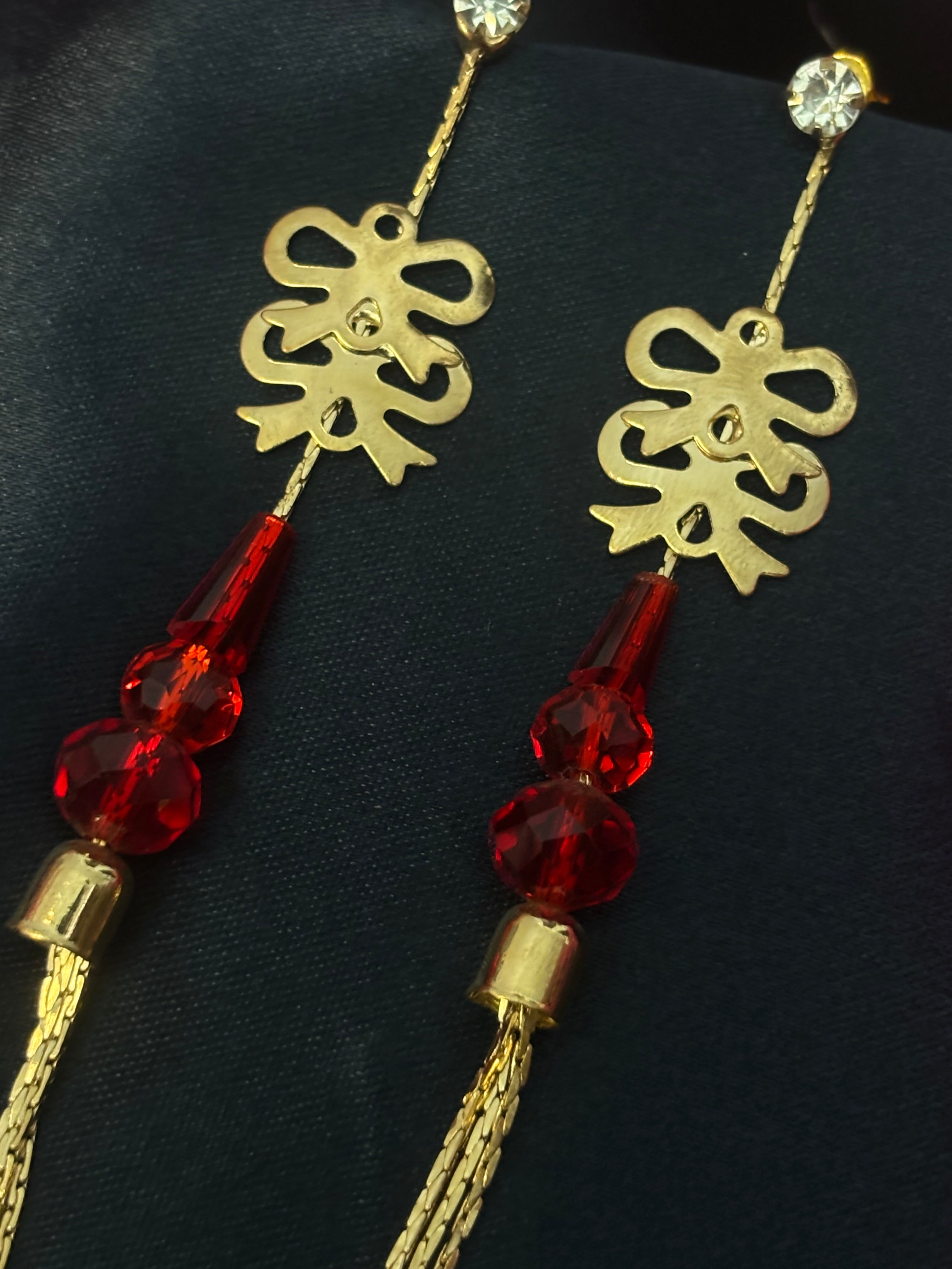 SHYAMZAN Jewellery Gold Finish Dangle Earrings Red Crystal Women Party Festive Statement Tassel Design SYZ00010