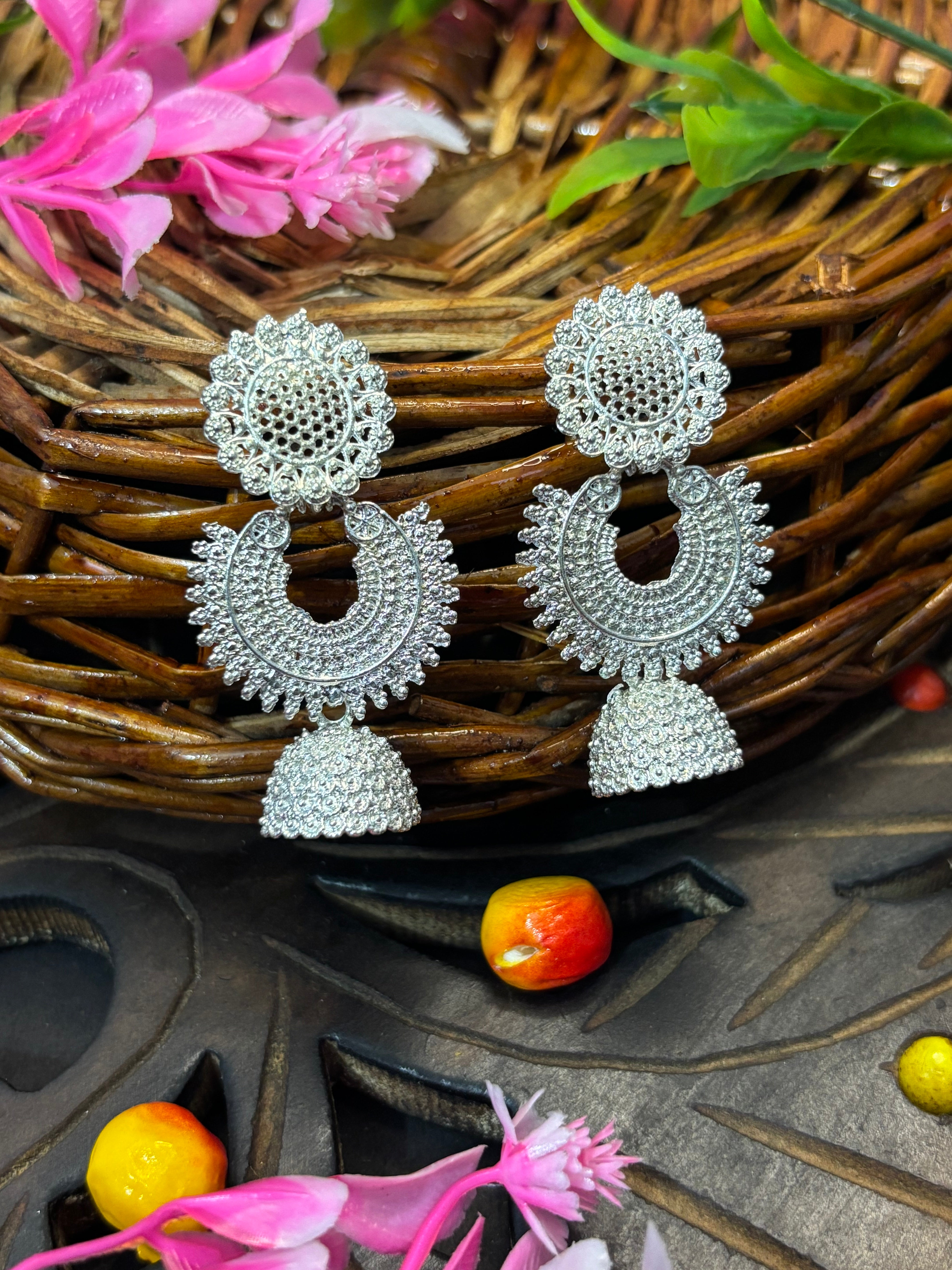SHYAMZAN Jewellery Silver Finish Jhumka Earrings Oxidised Intricate Women Ethnic Festive Lace Design SYZ00012