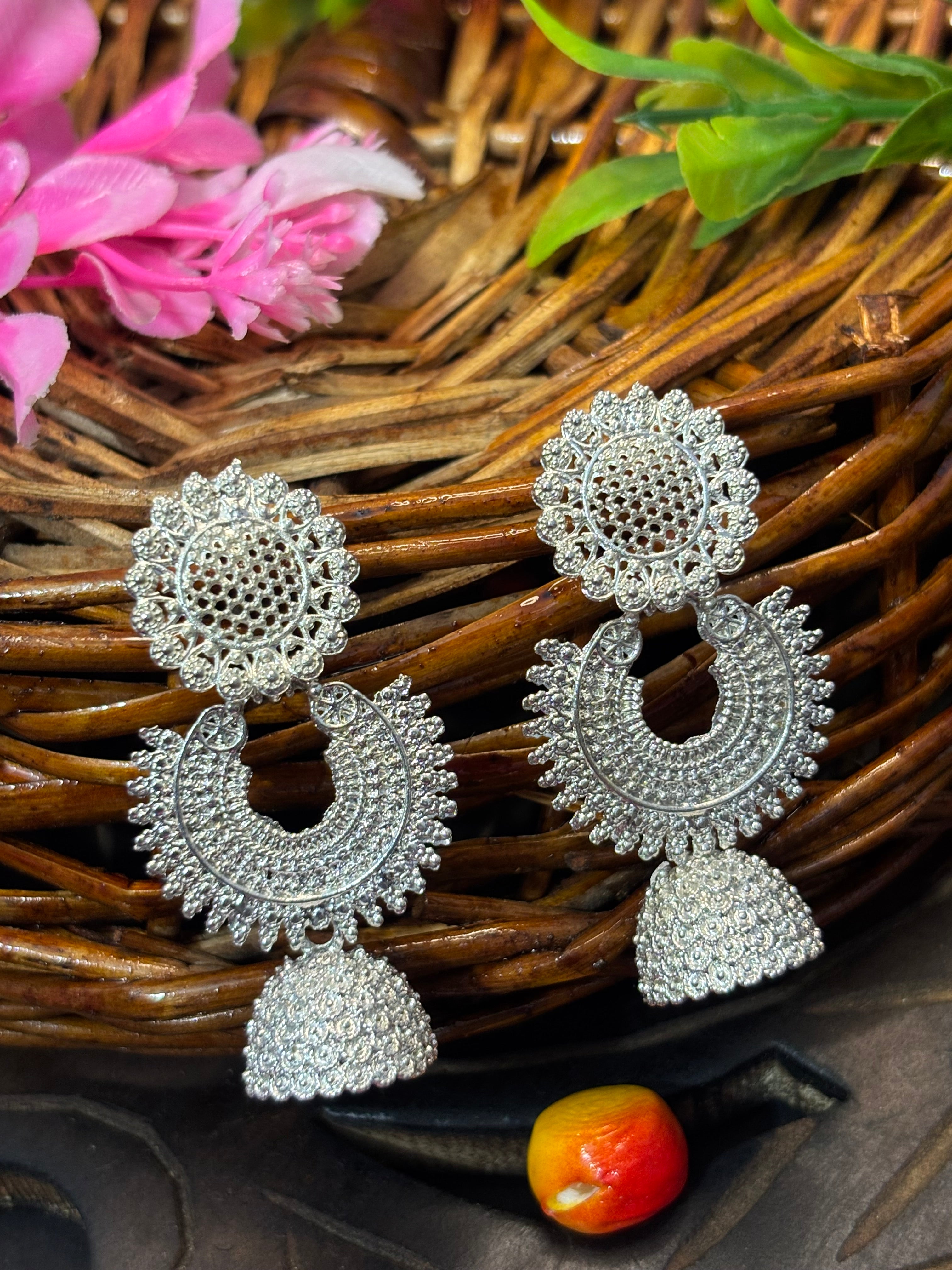 SHYAMZAN Jewellery Silver Finish Jhumka Earrings Oxidised Intricate Women Ethnic Festive Lace Design SYZ00012