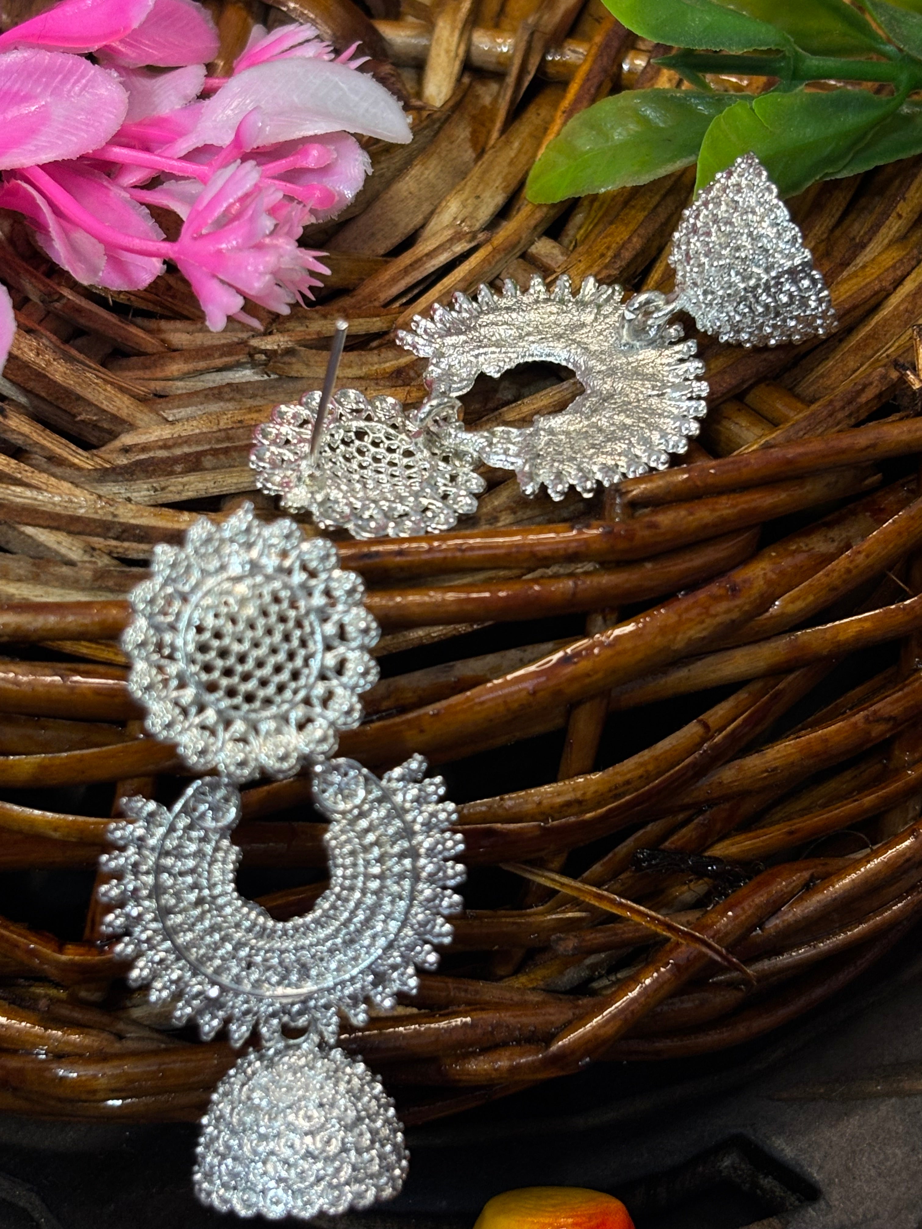 SHYAMZAN Jewellery Silver Finish Jhumka Earrings Oxidised Intricate Women Ethnic Festive Lace Design SYZ00012