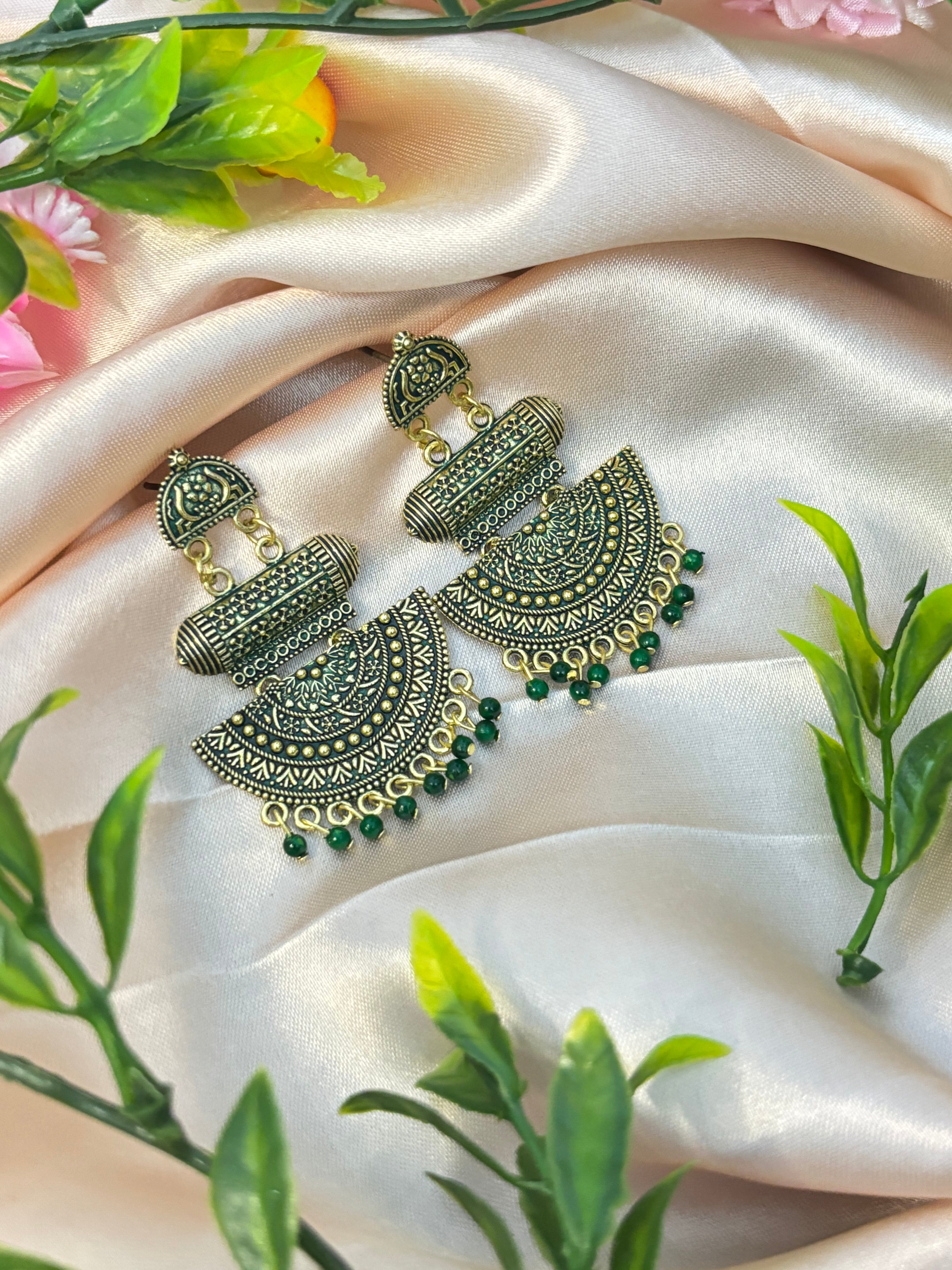 SHYAMZAN Gold Green Beaded Chandelier Earrings Gold Women Jewelry Gift Ornate Design SYZ00020