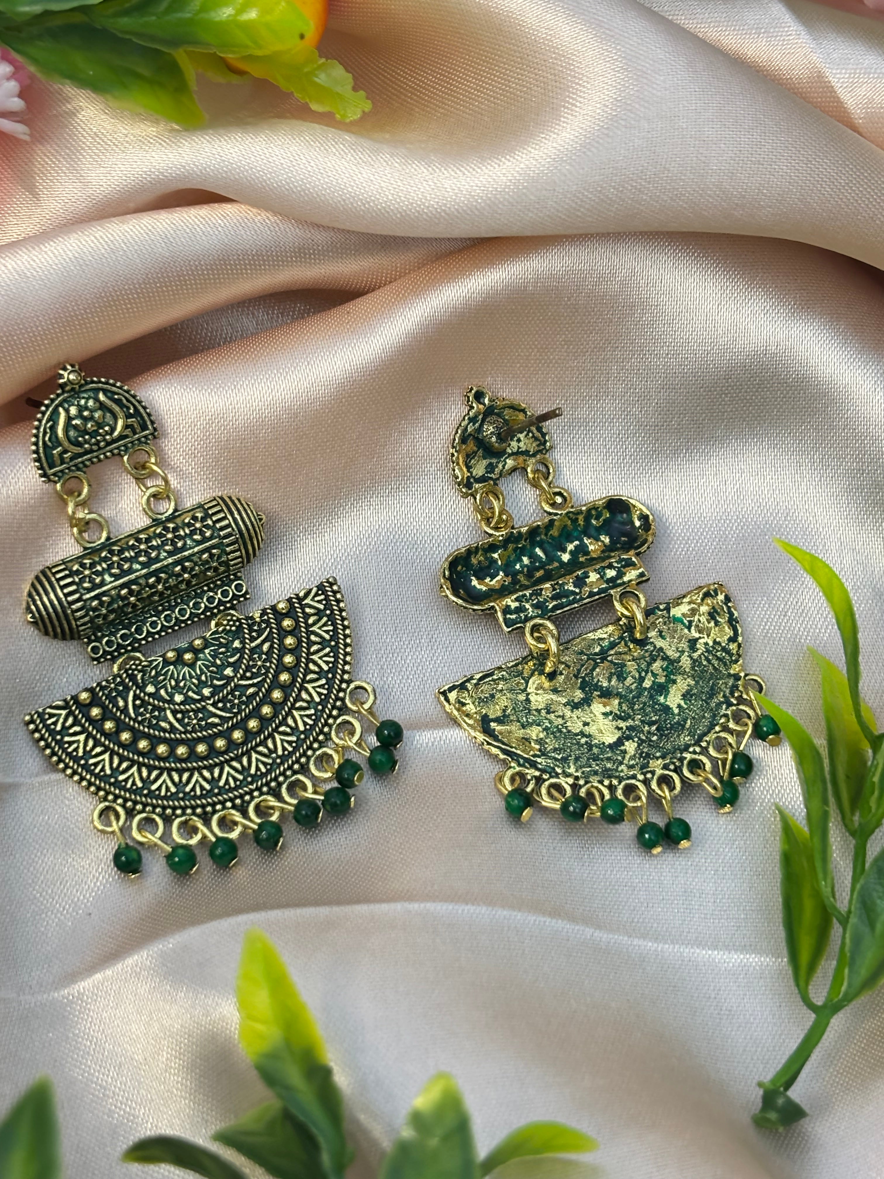 SHYAMZAN Gold Green Beaded Chandelier Earrings Gold Women Jewelry Gift Ornate Design SYZ00020