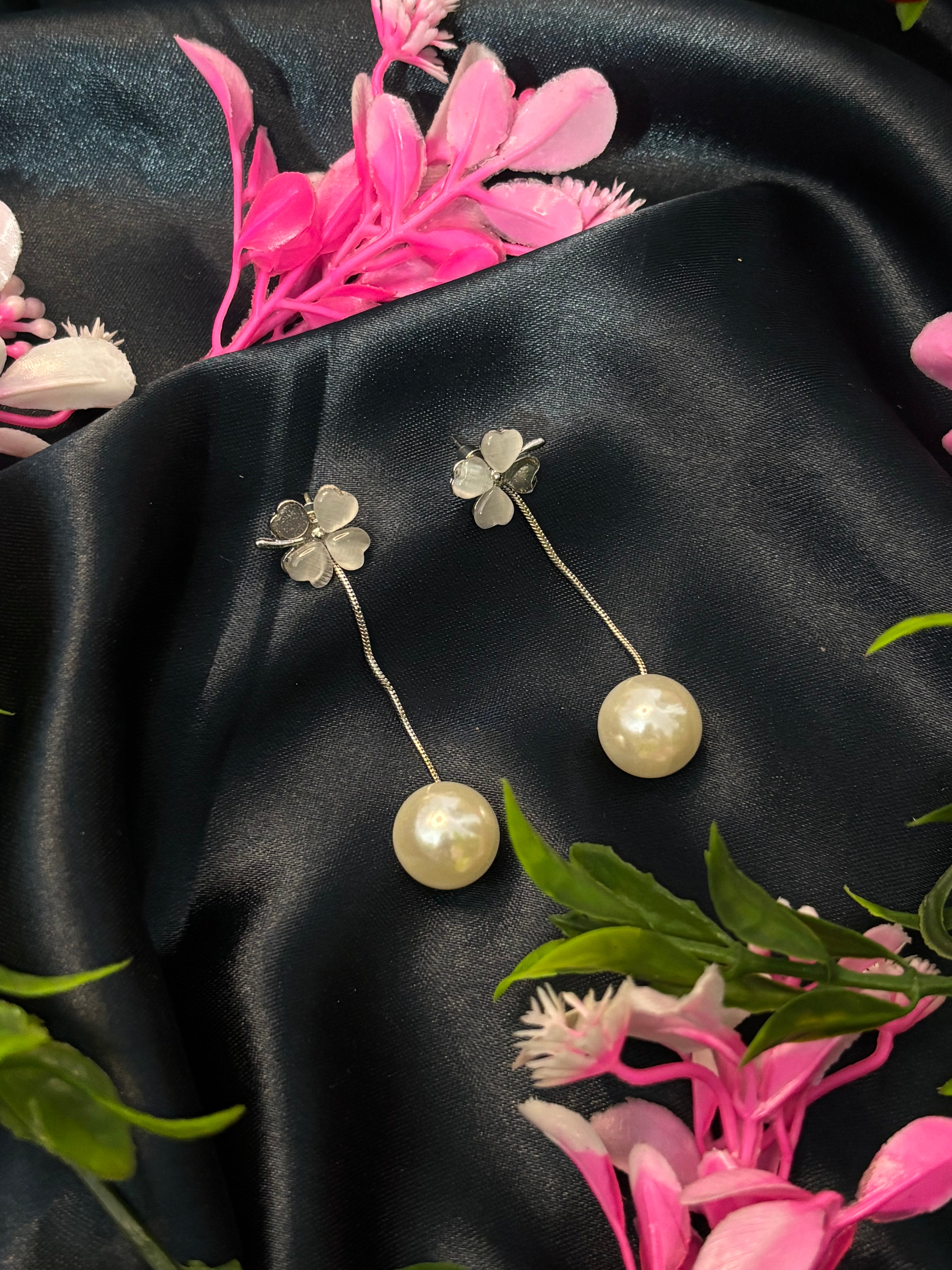 SHYAMZAN Silver Clover Pearl Drop Earrings Silver Women Jewelry Gift Minimalist Design SYZ00023