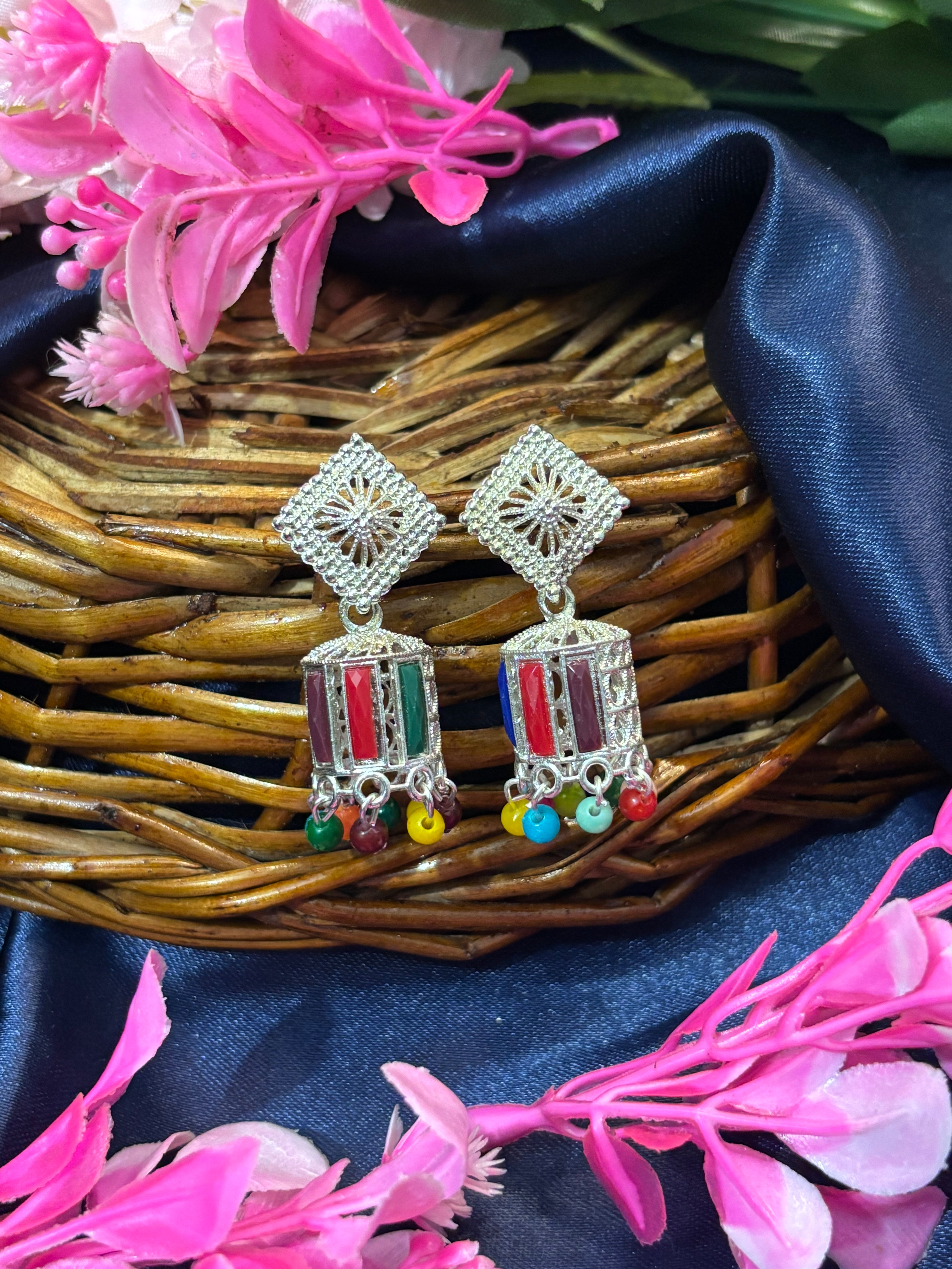 SHYAMZAN Silver Multi-Gemstone Jhumka Earrings Silver Women Jewelry Gift Ornate Design SYZ00025