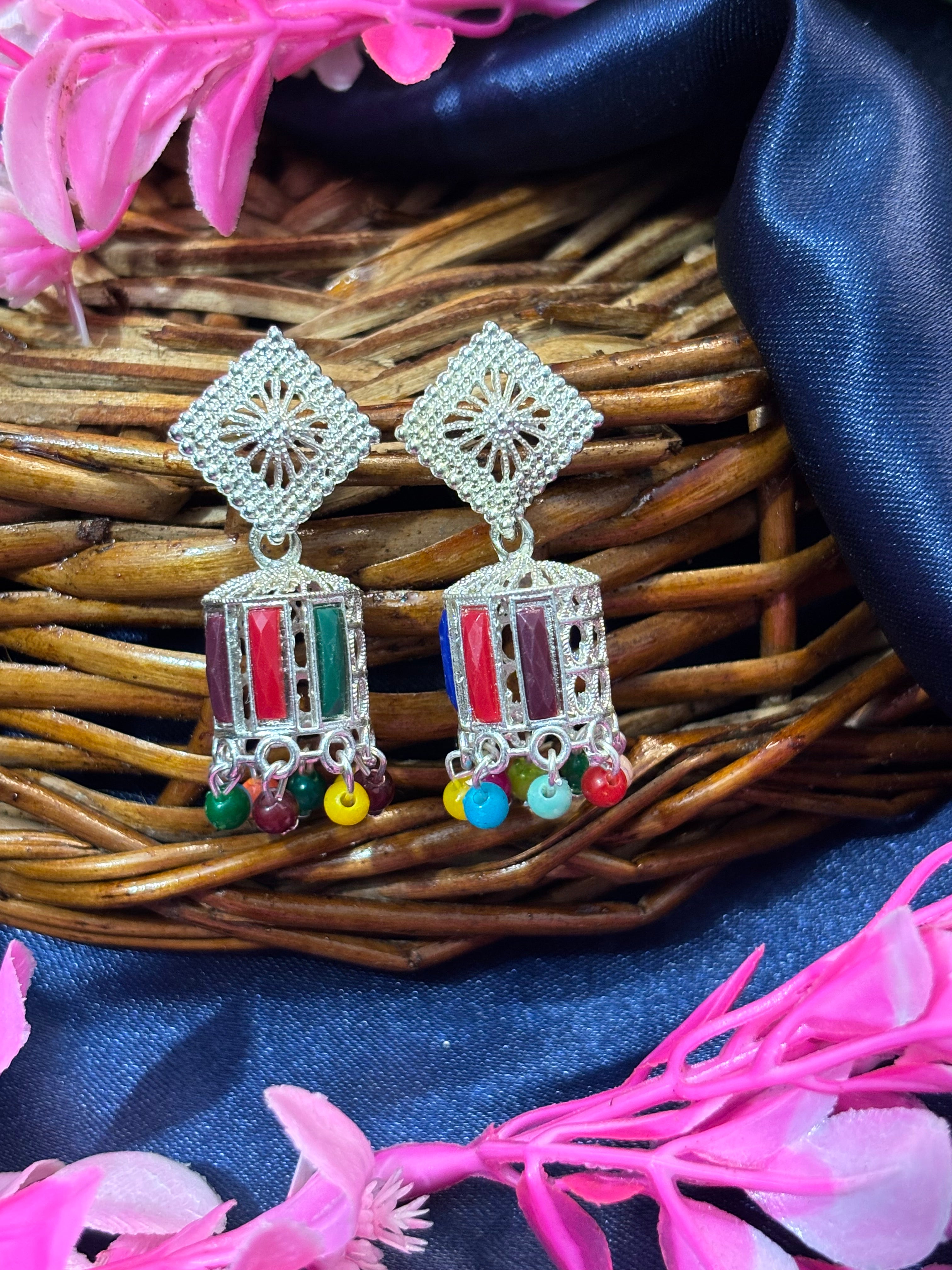 SHYAMZAN Silver Multi-Gemstone Jhumka Earrings Silver Women Jewelry Gift Ornate Design SYZ00025