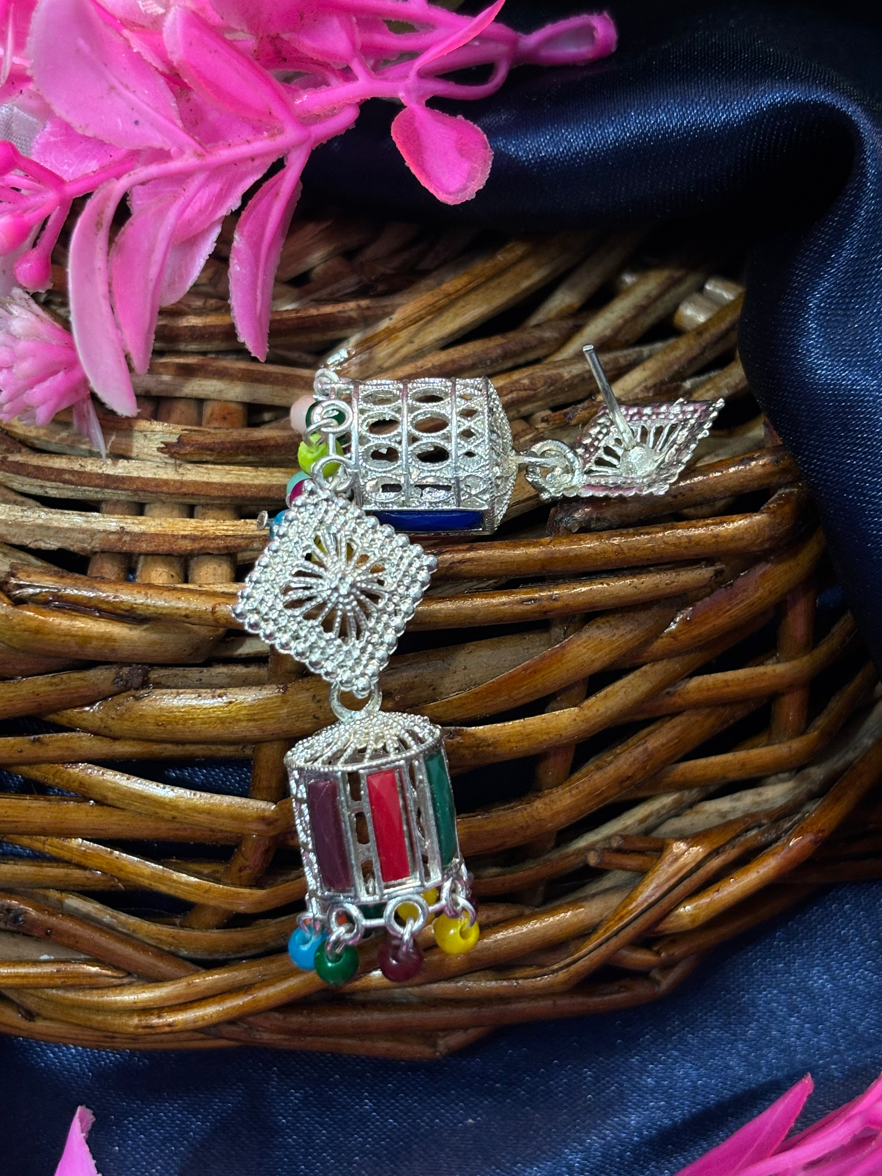 SHYAMZAN Silver Multi-Gemstone Jhumka Earrings Silver Women Jewelry Gift Ornate Design SYZ00025