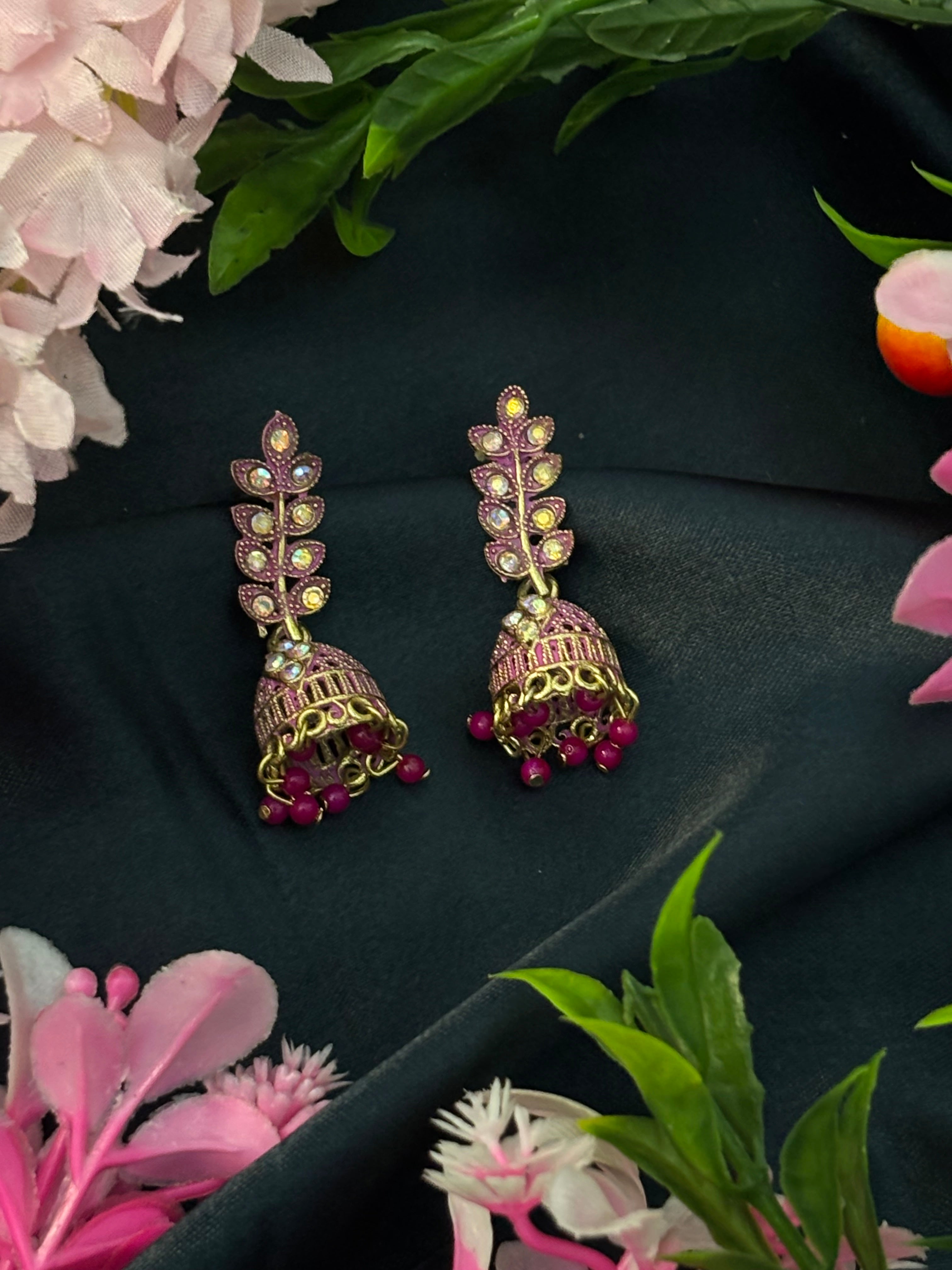 SHYAMZAN Gold Purple Leaf Jhumka Earrings Gold Women Jewelry Gift Ornate Design SYZ00026