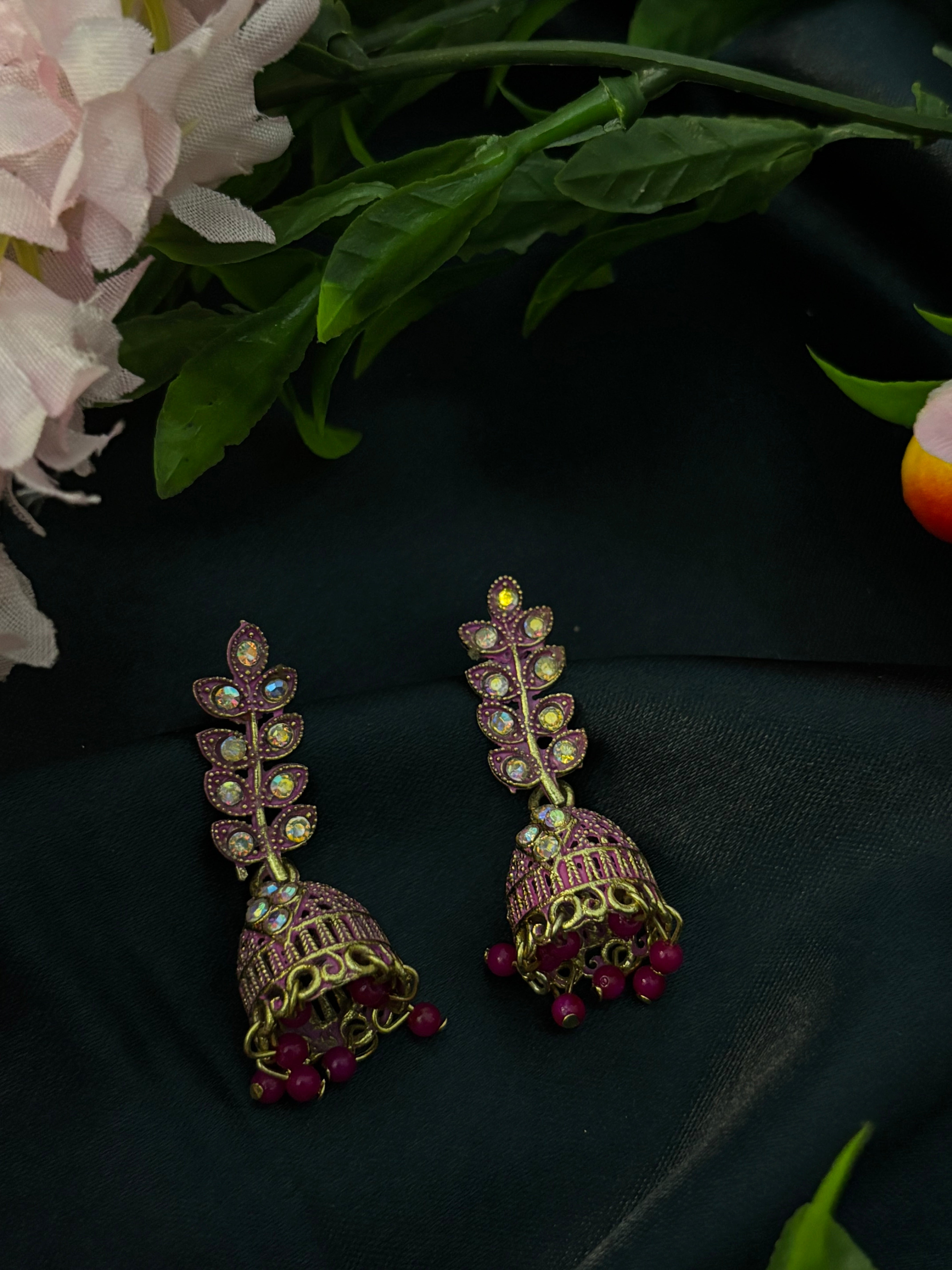SHYAMZAN Gold Purple Leaf Jhumka Earrings Gold Women Jewelry Gift Ornate Design SYZ00026