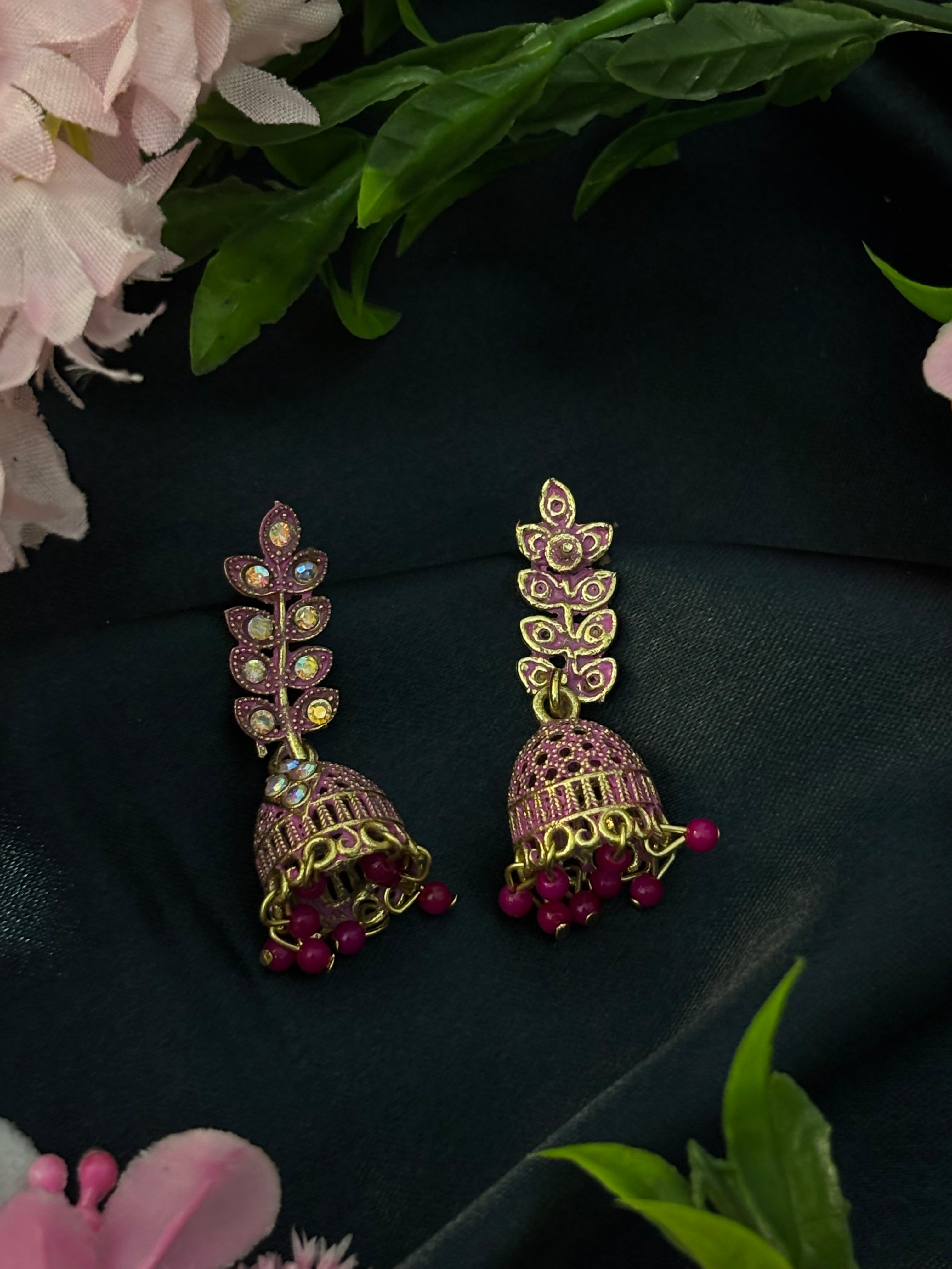 SHYAMZAN Gold Purple Leaf Jhumka Earrings Gold Women Jewelry Gift Ornate Design SYZ00026