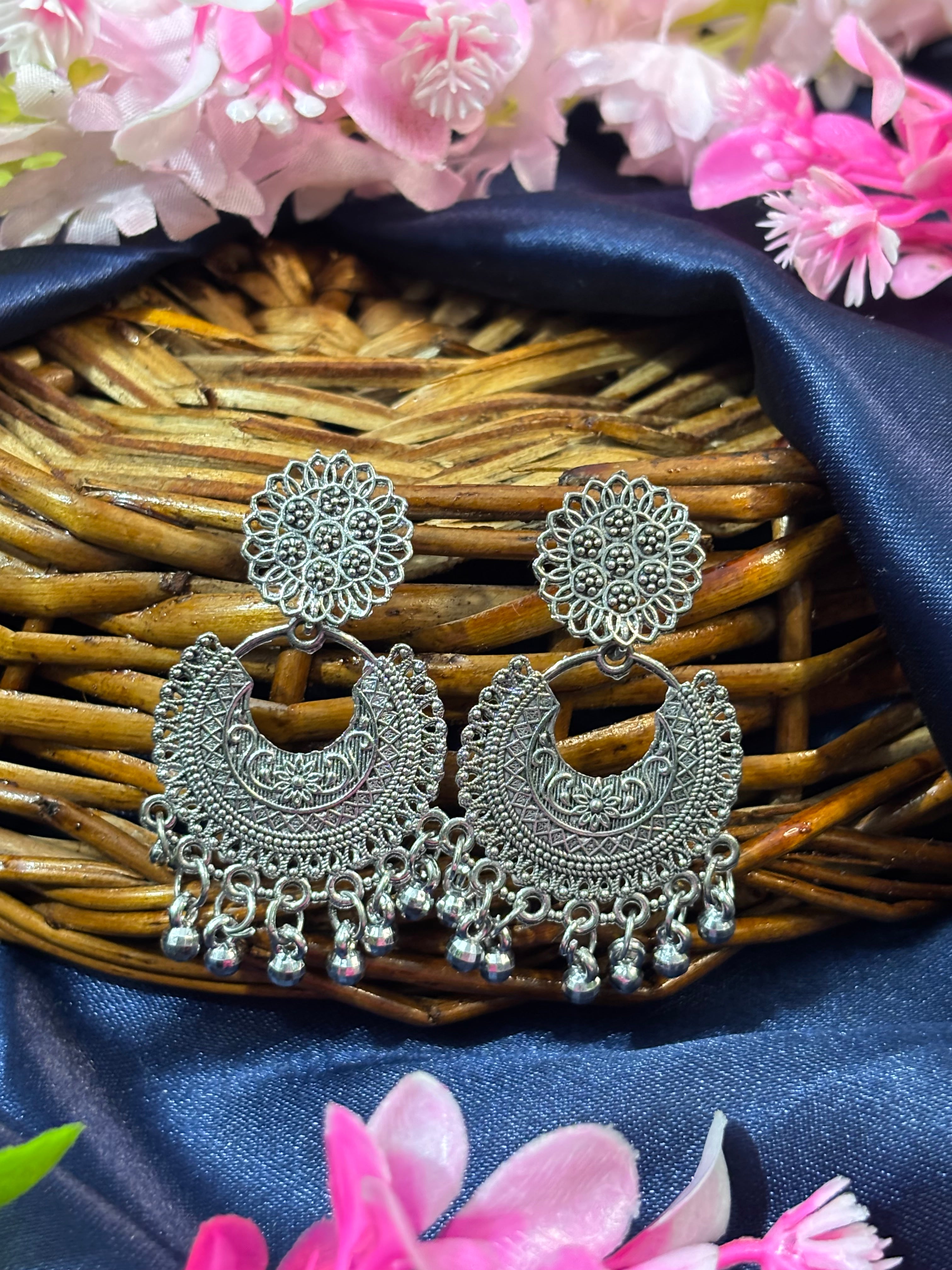 SHYAMZAN Silver Crescent Chandelier Earrings Silver Women Jewelry Gift Ornate Design SYZ00028