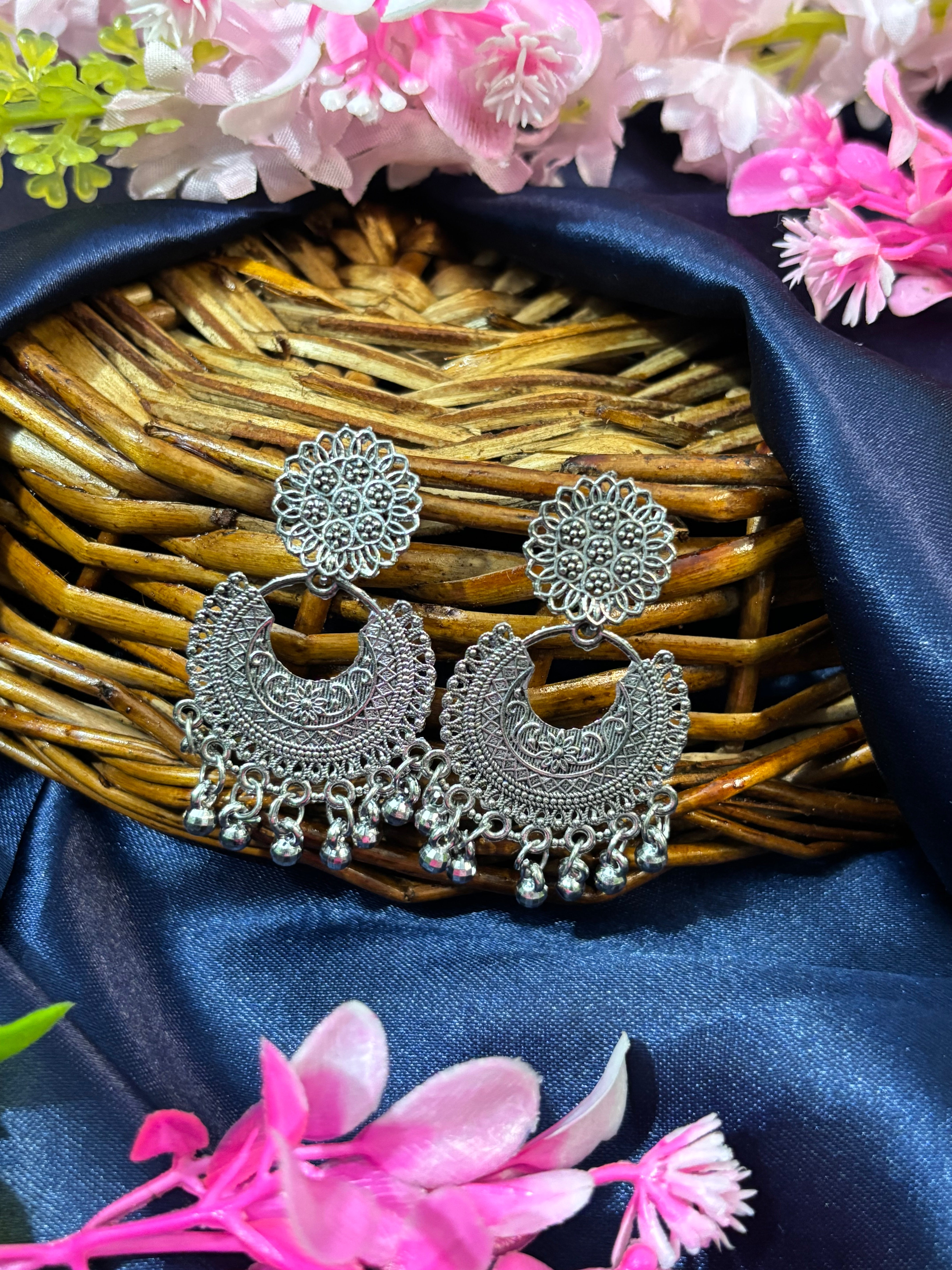 SHYAMZAN Silver Crescent Chandelier Earrings Silver Women Jewelry Gift Ornate Design SYZ00028