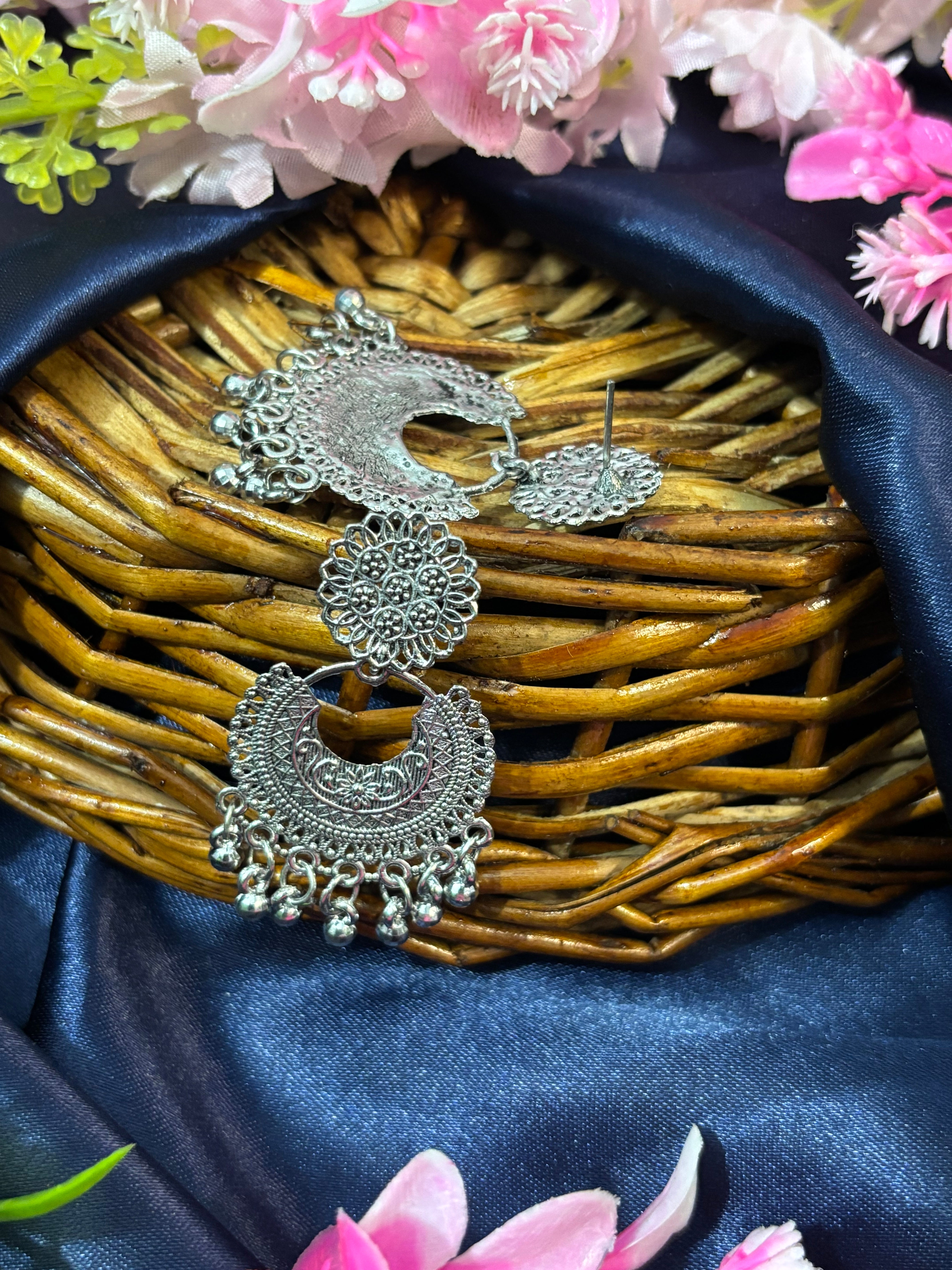 SHYAMZAN Silver Crescent Chandelier Earrings Silver Women Jewelry Gift Ornate Design SYZ00028