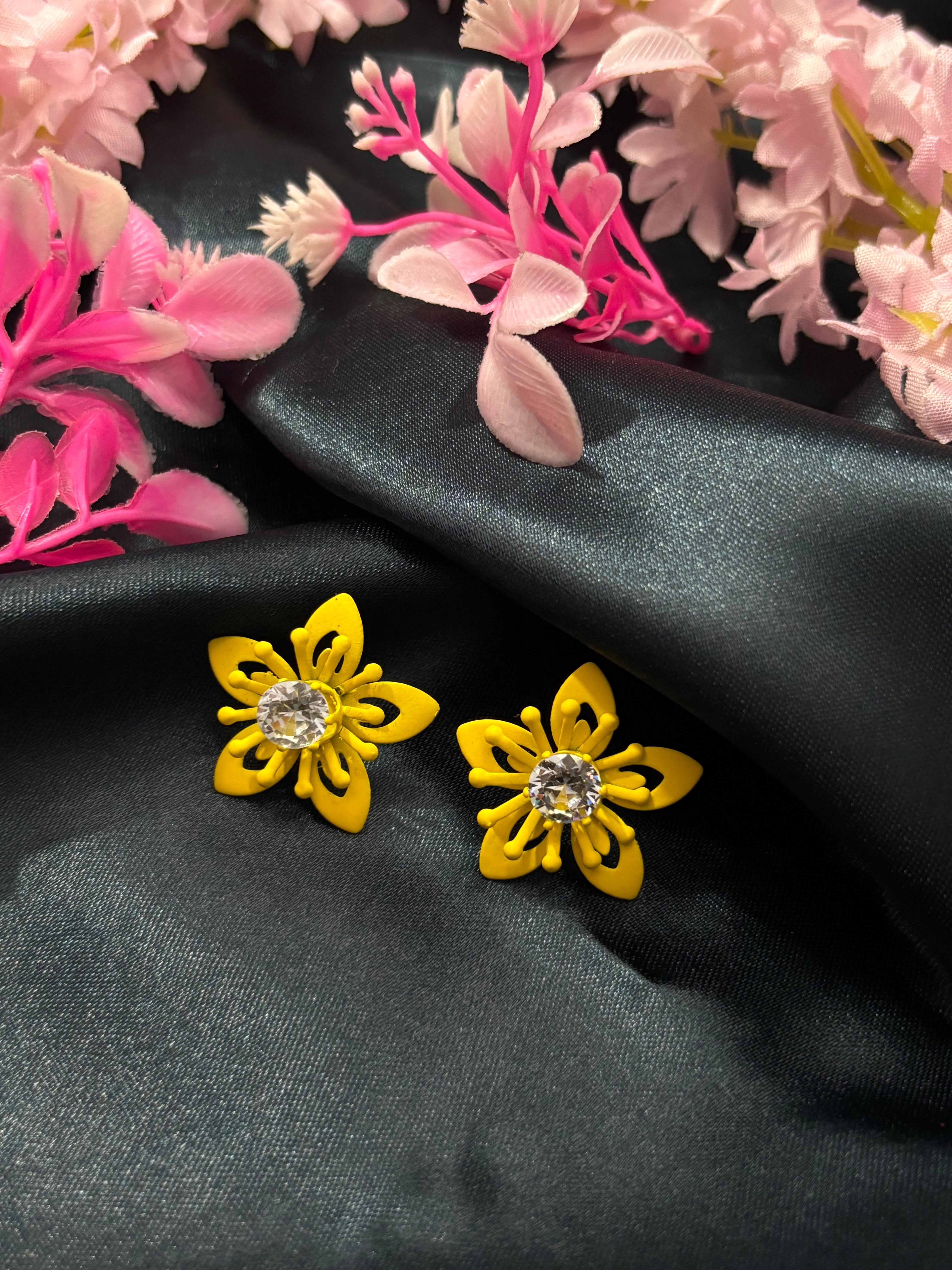 SHYAMZAN Yellow Flower Stud Earrings with Crystal Center Gold Women Jewelry Gift Modern Design SYZ00031