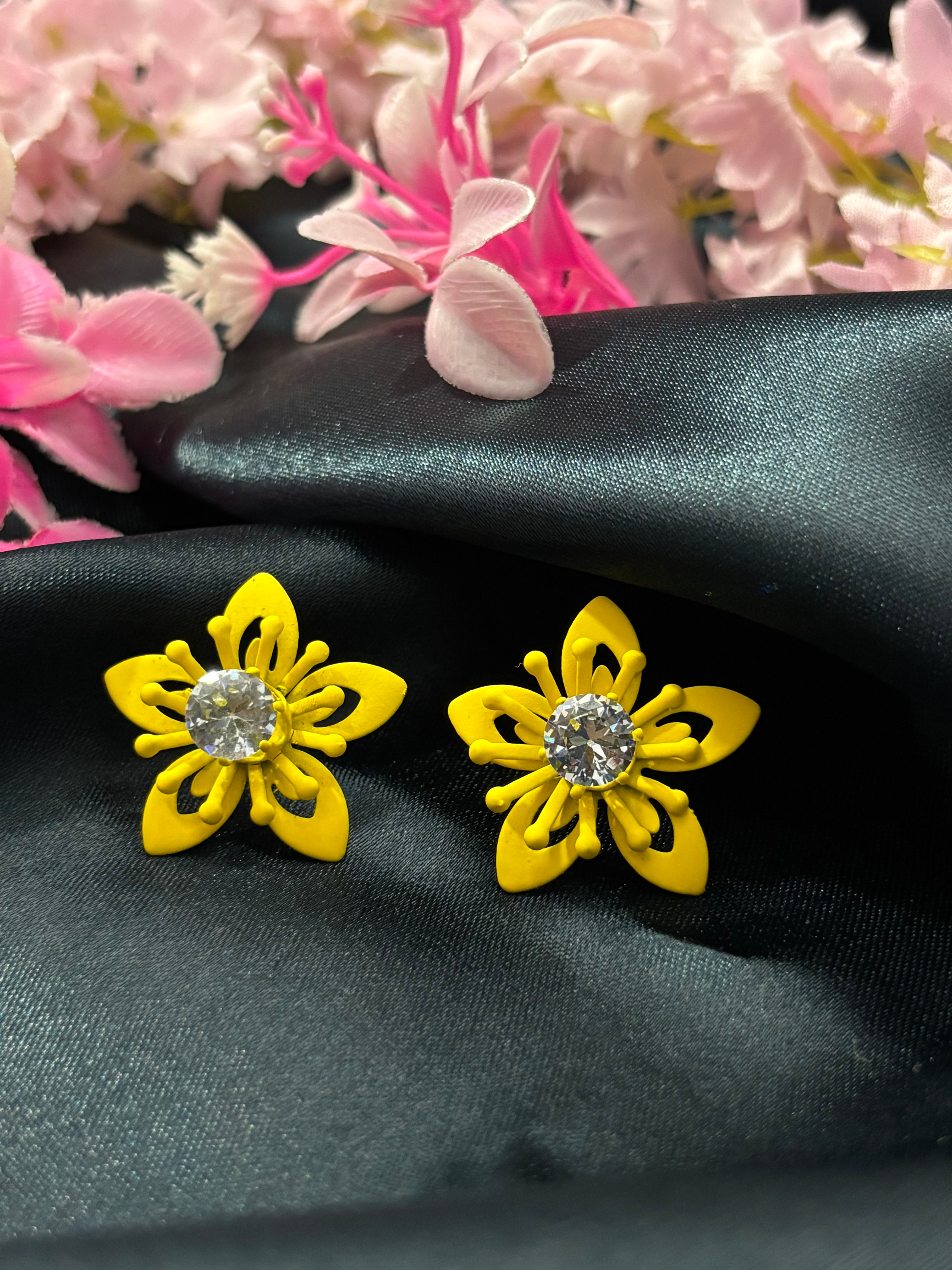 SHYAMZAN Yellow Flower Stud Earrings with Crystal Center Gold Women Jewelry Gift Modern Design SYZ00031