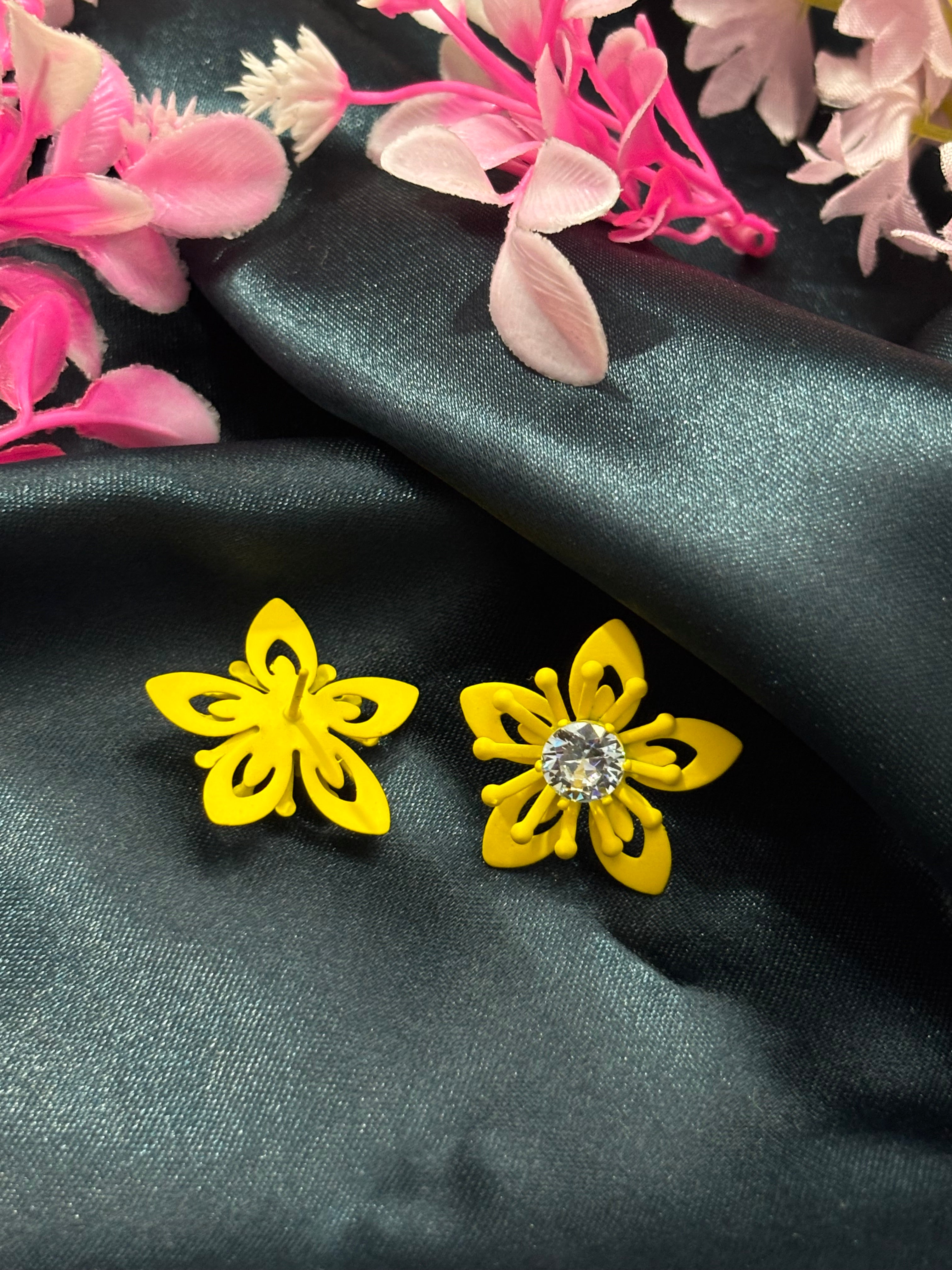 SHYAMZAN Yellow Flower Stud Earrings with Crystal Center Gold Women Jewelry Gift Modern Design SYZ00031