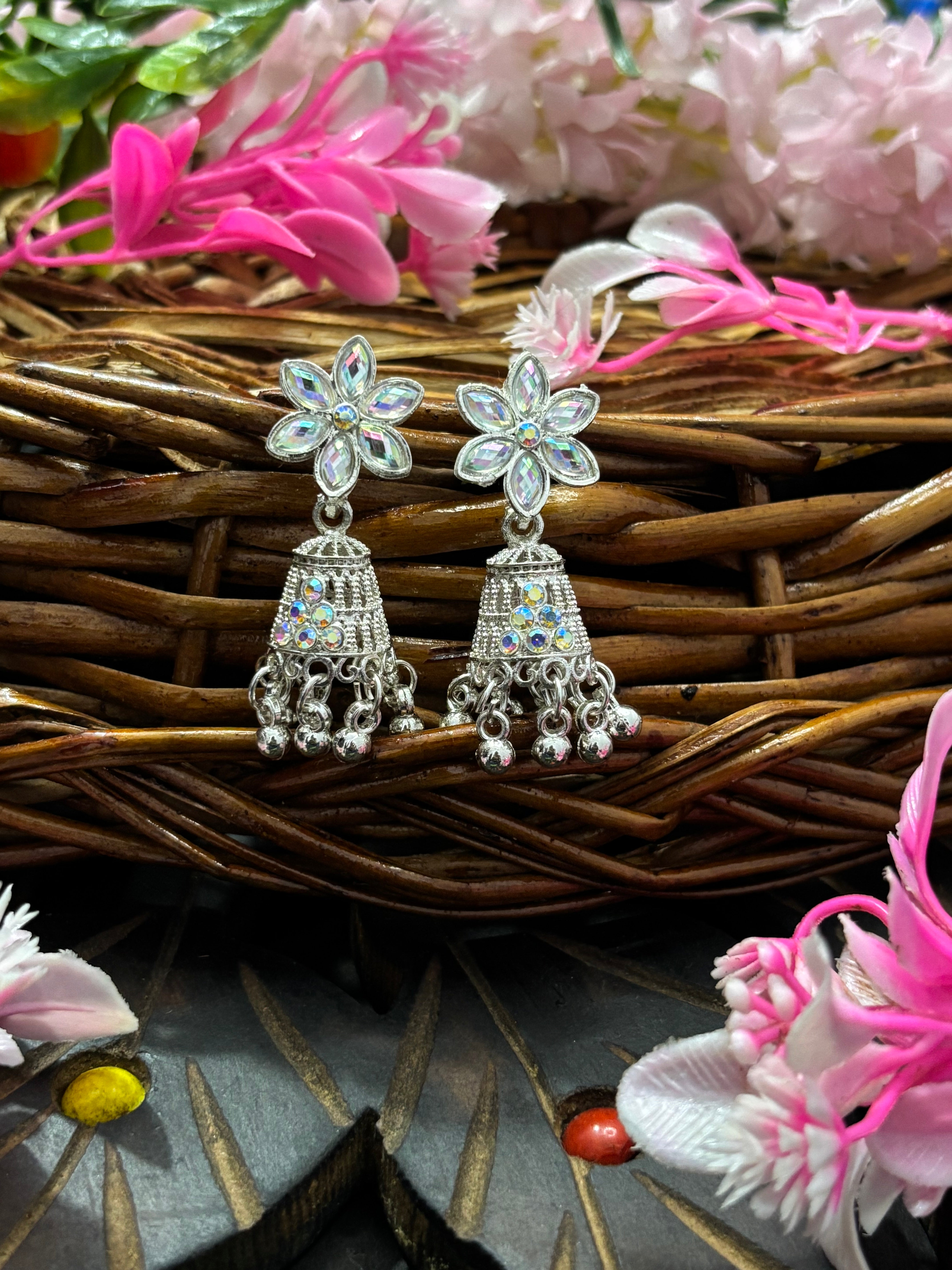 SHYAMZAN Silver Floral Tassel Drop Earrings with Rhinestones Gold Women Jewelry Gift Modern Design SYZ00034