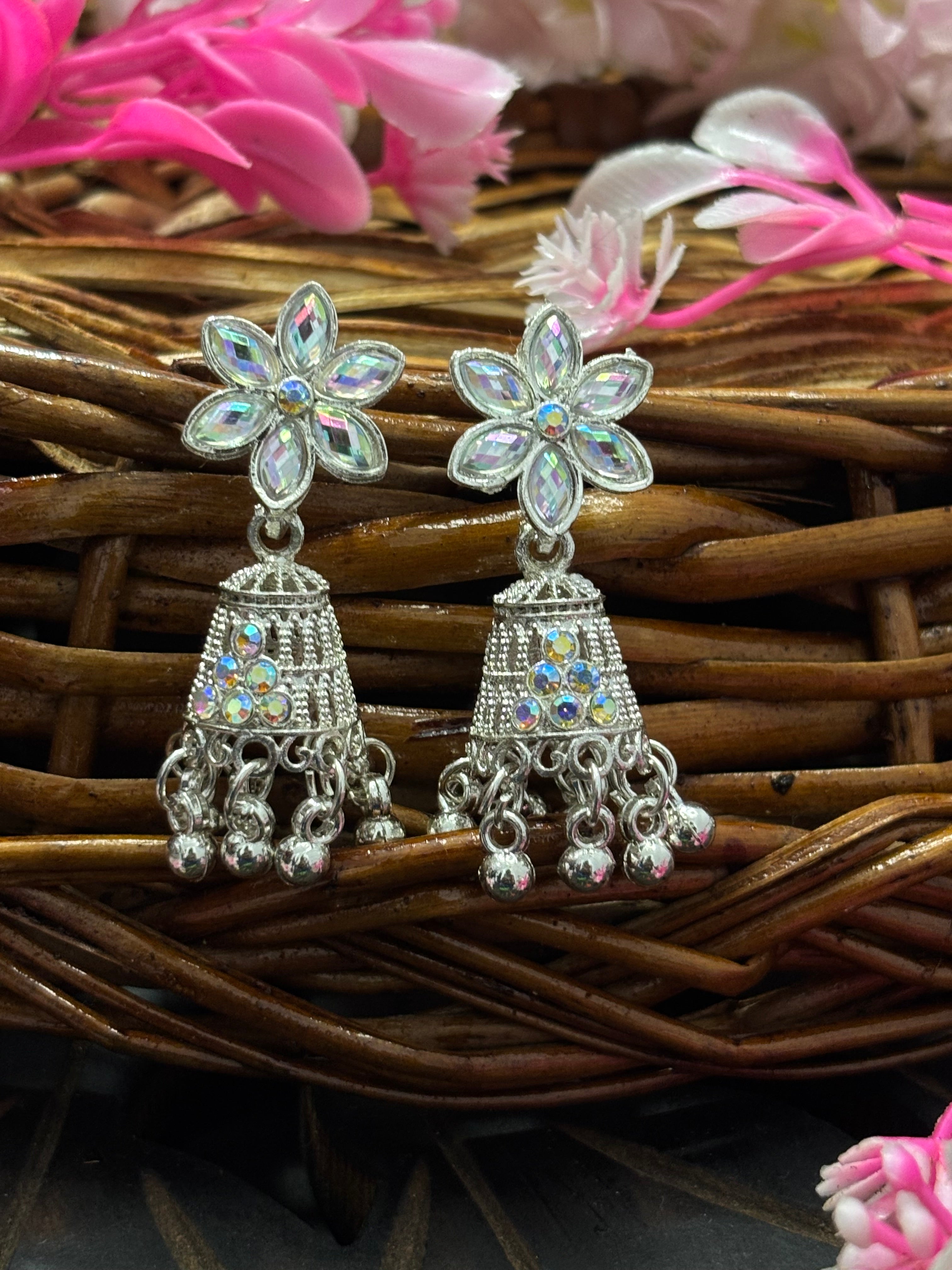 SHYAMZAN Silver Floral Tassel Drop Earrings with Rhinestones Gold Women Jewelry Gift Modern Design SYZ00034